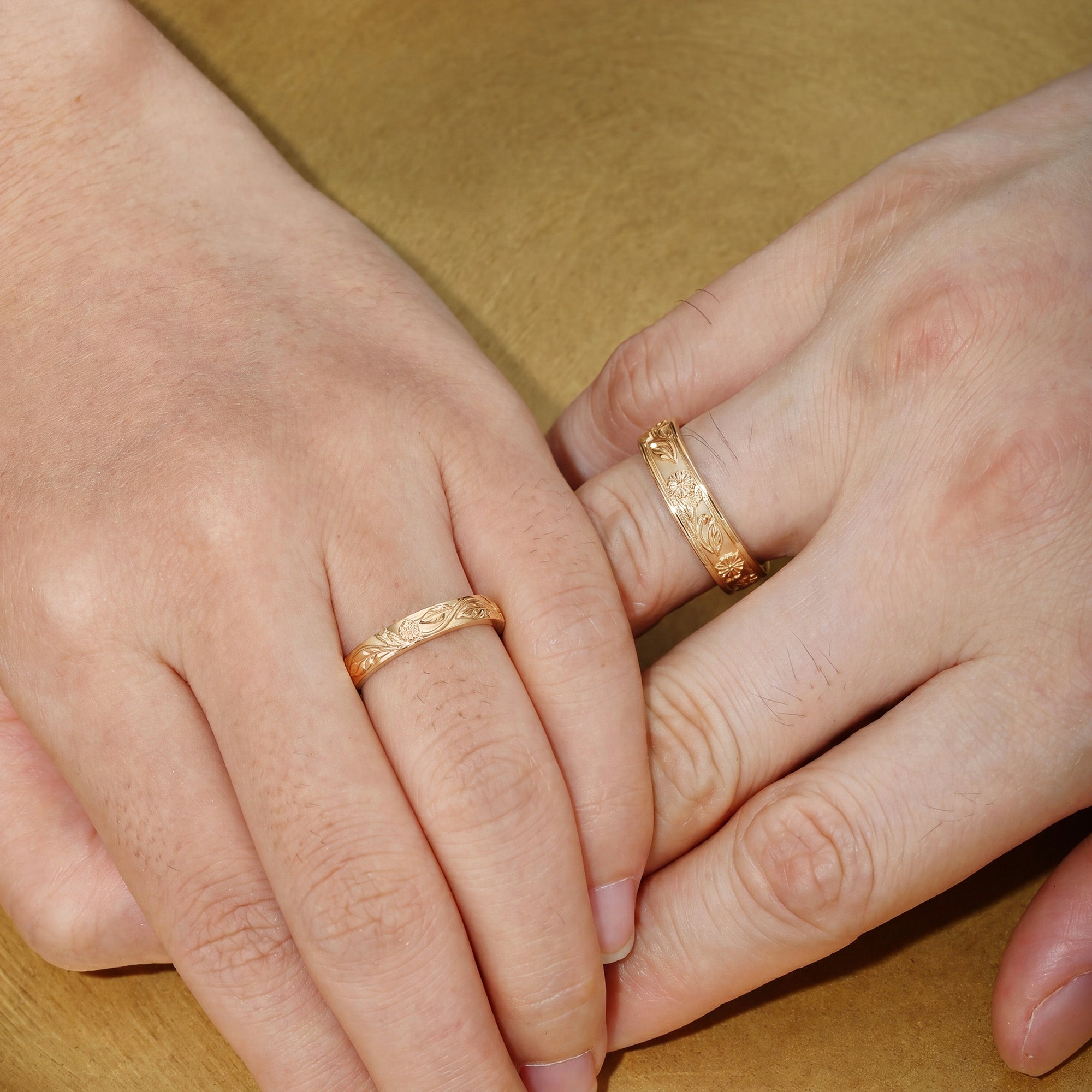 Birth Flower Engraved Leaf Promise Anniversary Couple Rings - Adelina