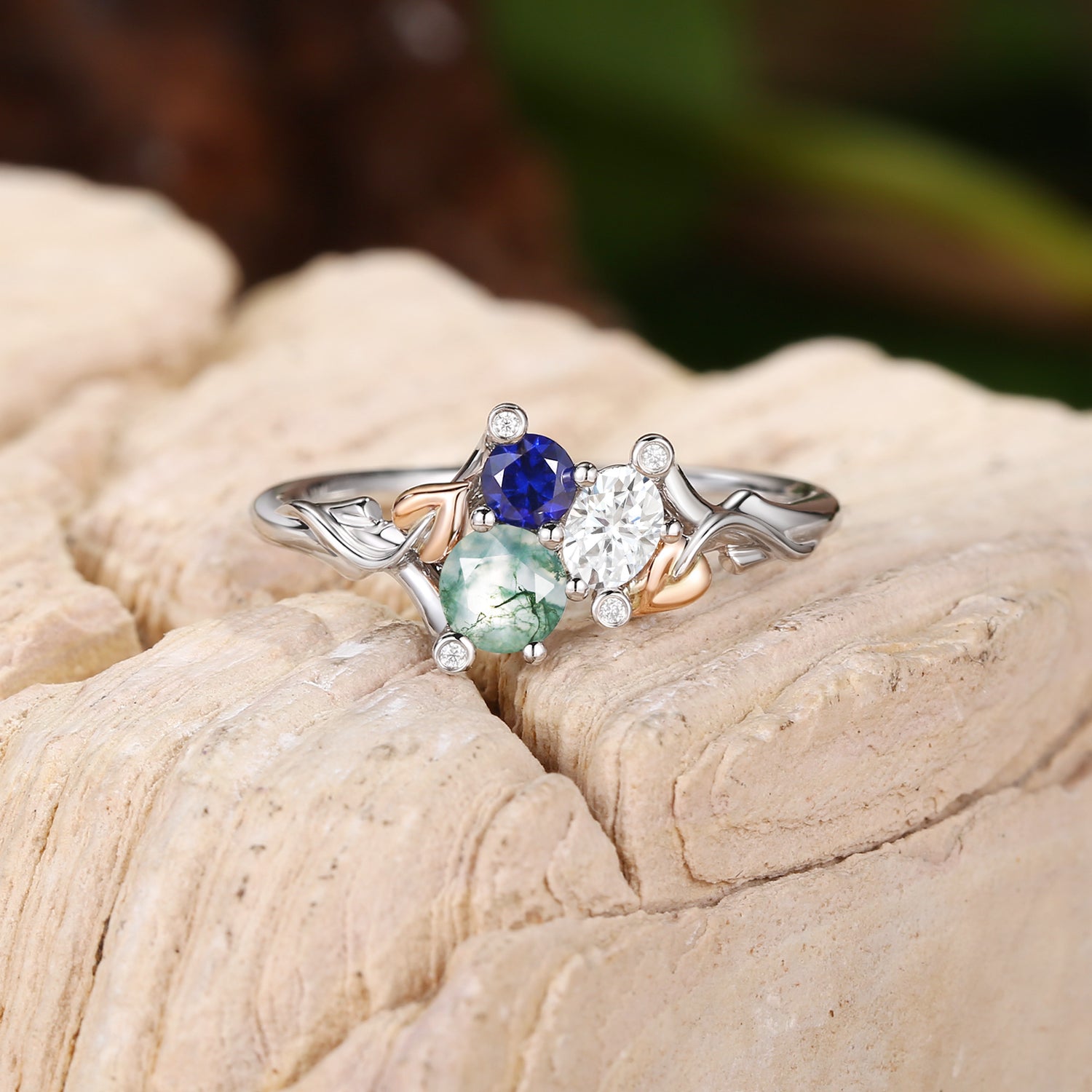 Clover - Three Stone Moss Agate & Moissanite & Sapphire Leaf Engagement Ring