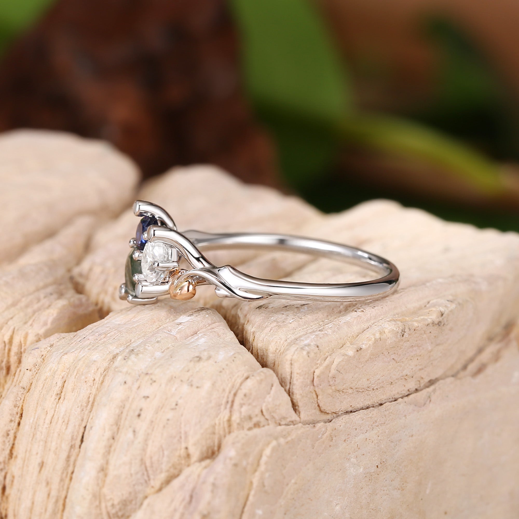 Clover - Three Stone Moss Agate & Moissanite & Sapphire Leaf Engagement Ring