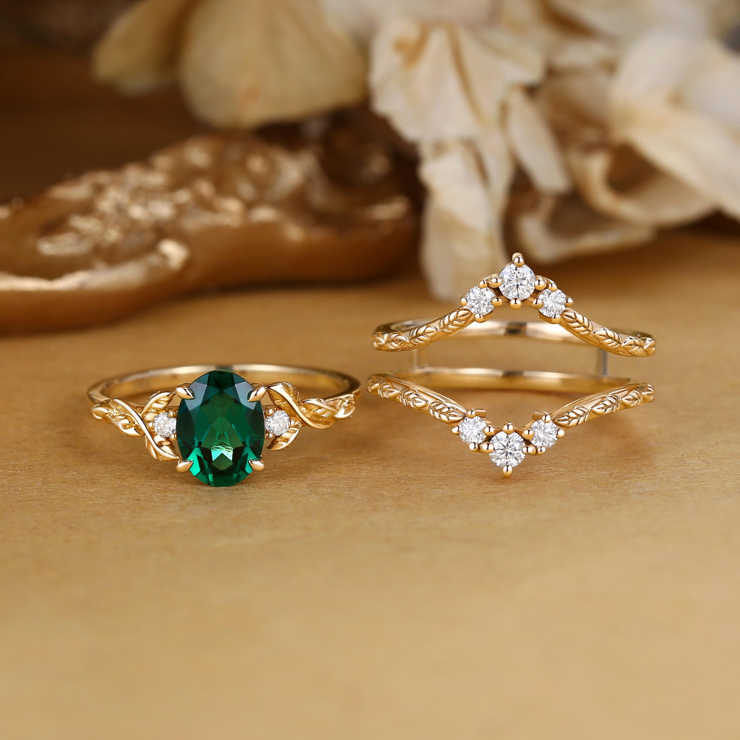 Josephine - Lab Emerald Oval Cut Leafy Filigree Bridal Set 2pcs