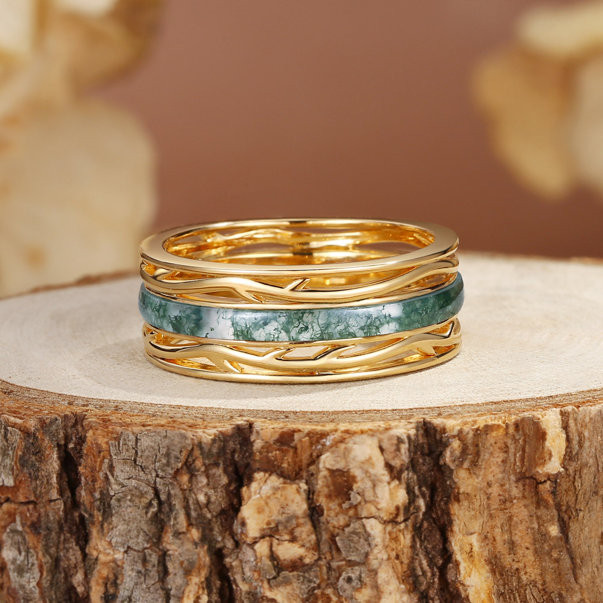 8MM Moss Agate Branch Black Gold Men Rings