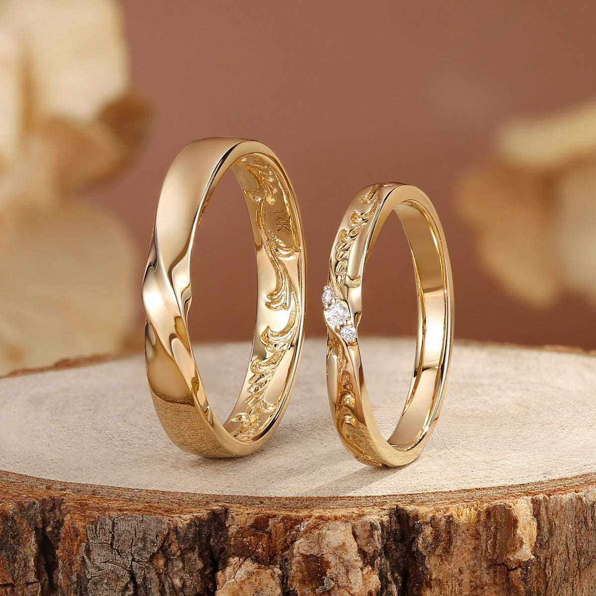 Monique - Unique Gold Design Moissanite Leafy Couple Ring