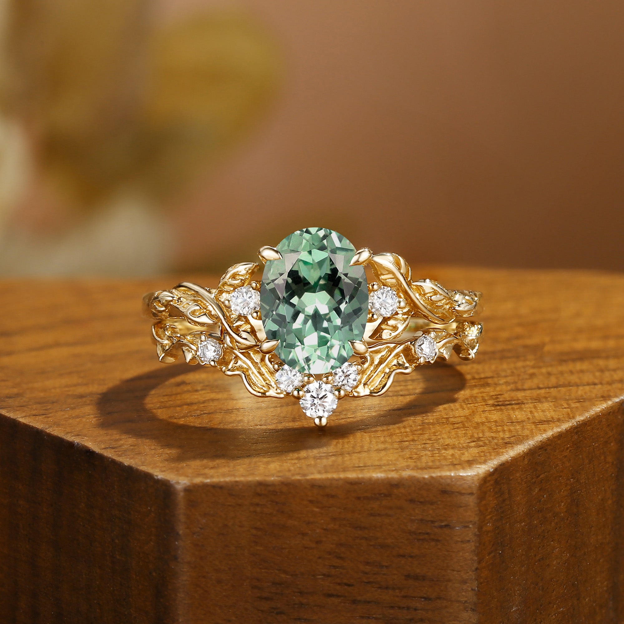 Eden - Oval Cut Lab Mint Green Sapphire Leaf Branch Engagement Ring Set 2pcs