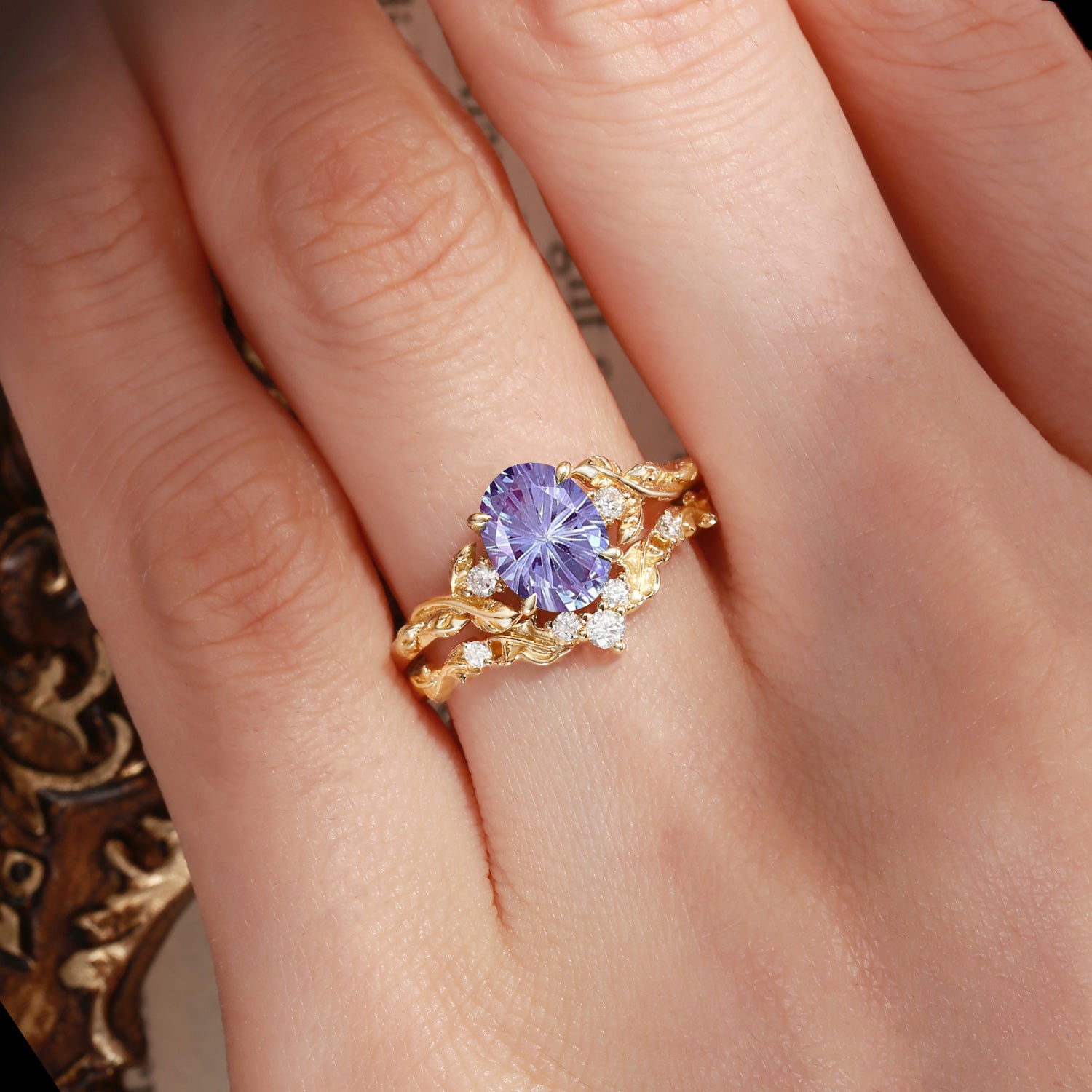 Eden - Oval Firework Cut Alexandrite Sapphire Leaf Branch Engagement Ring Set 2pcs