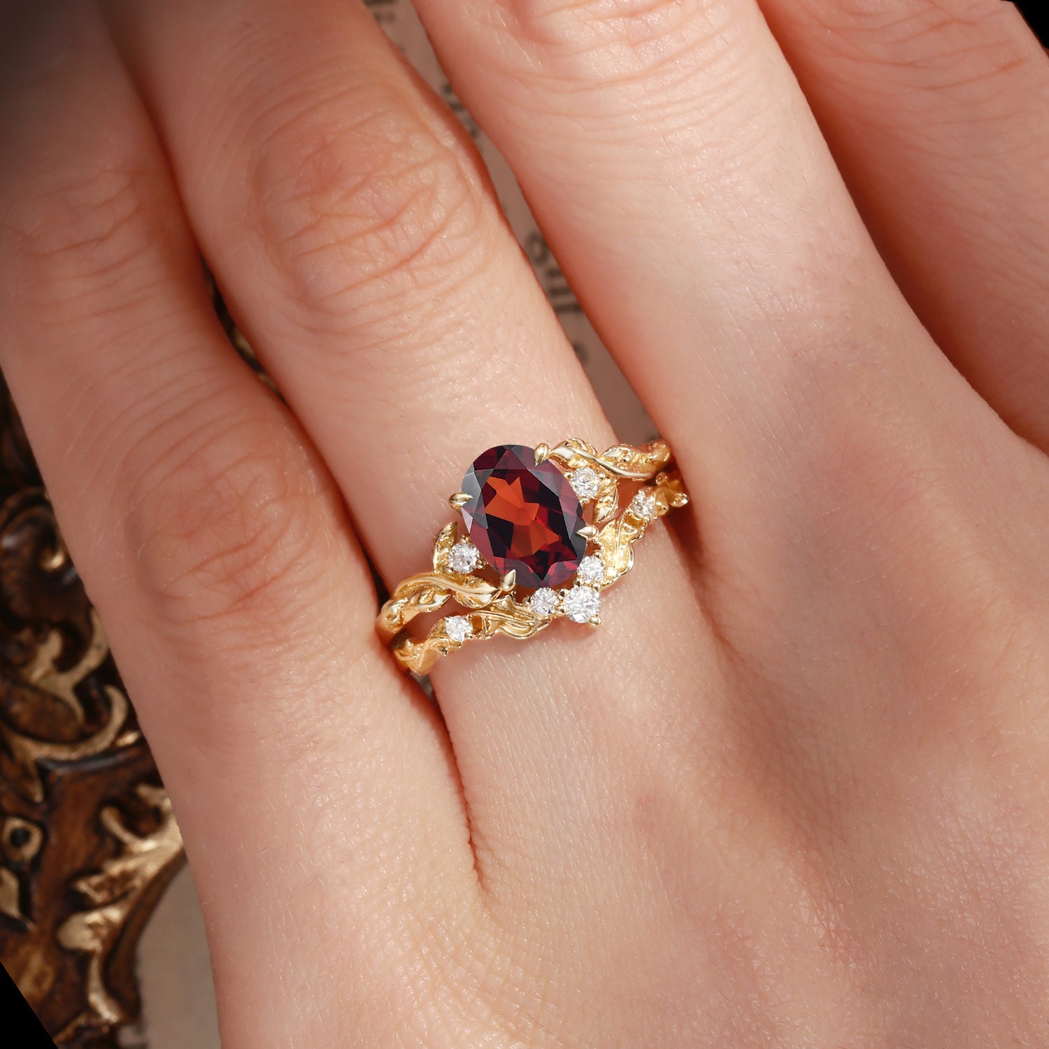 Eden - Oval Cut Garnet Leaf Branch Engagement Ring Set 2pcs