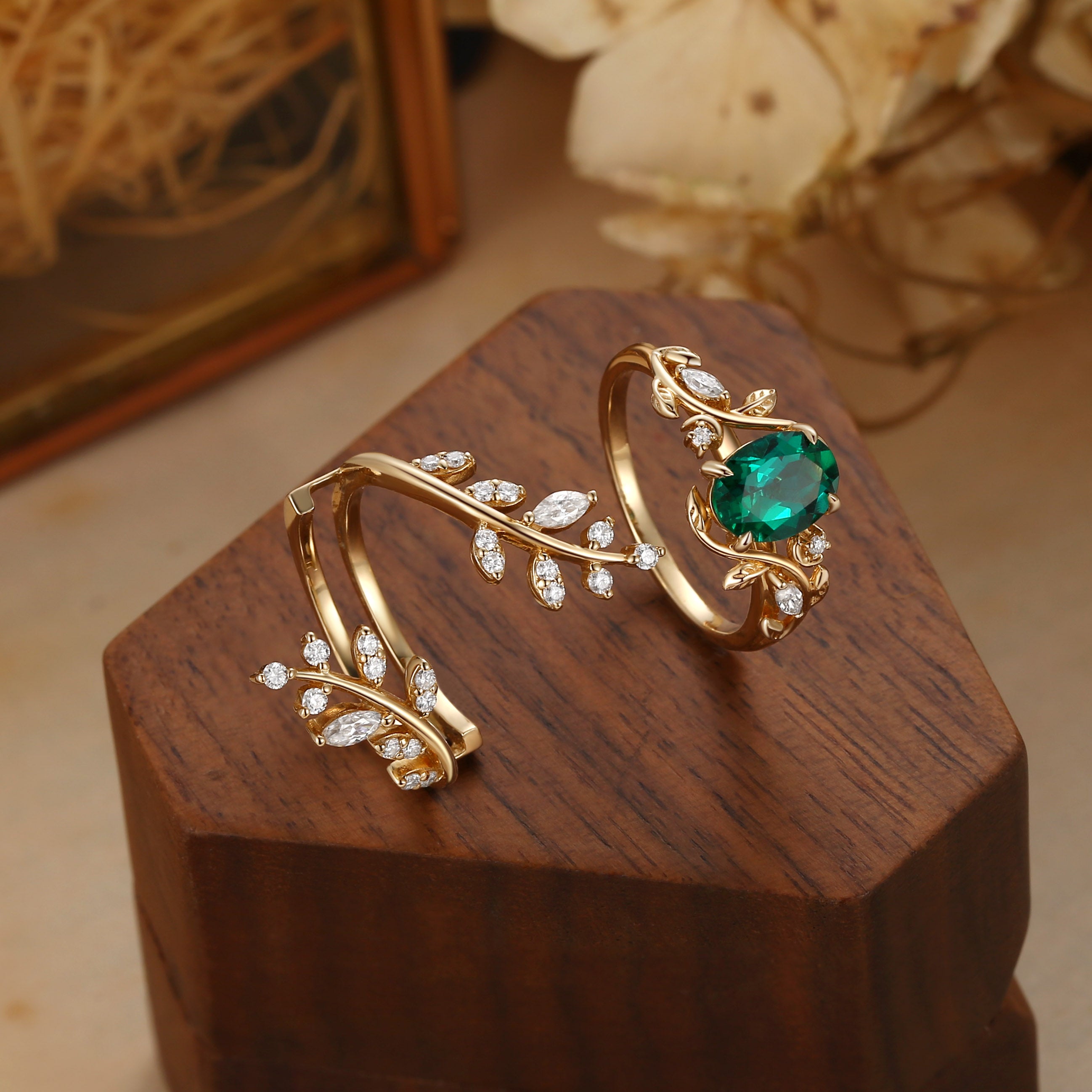 Florence - Lab Emerald Oval Cut Enhancer Leafy Bridal Set 2pcs
