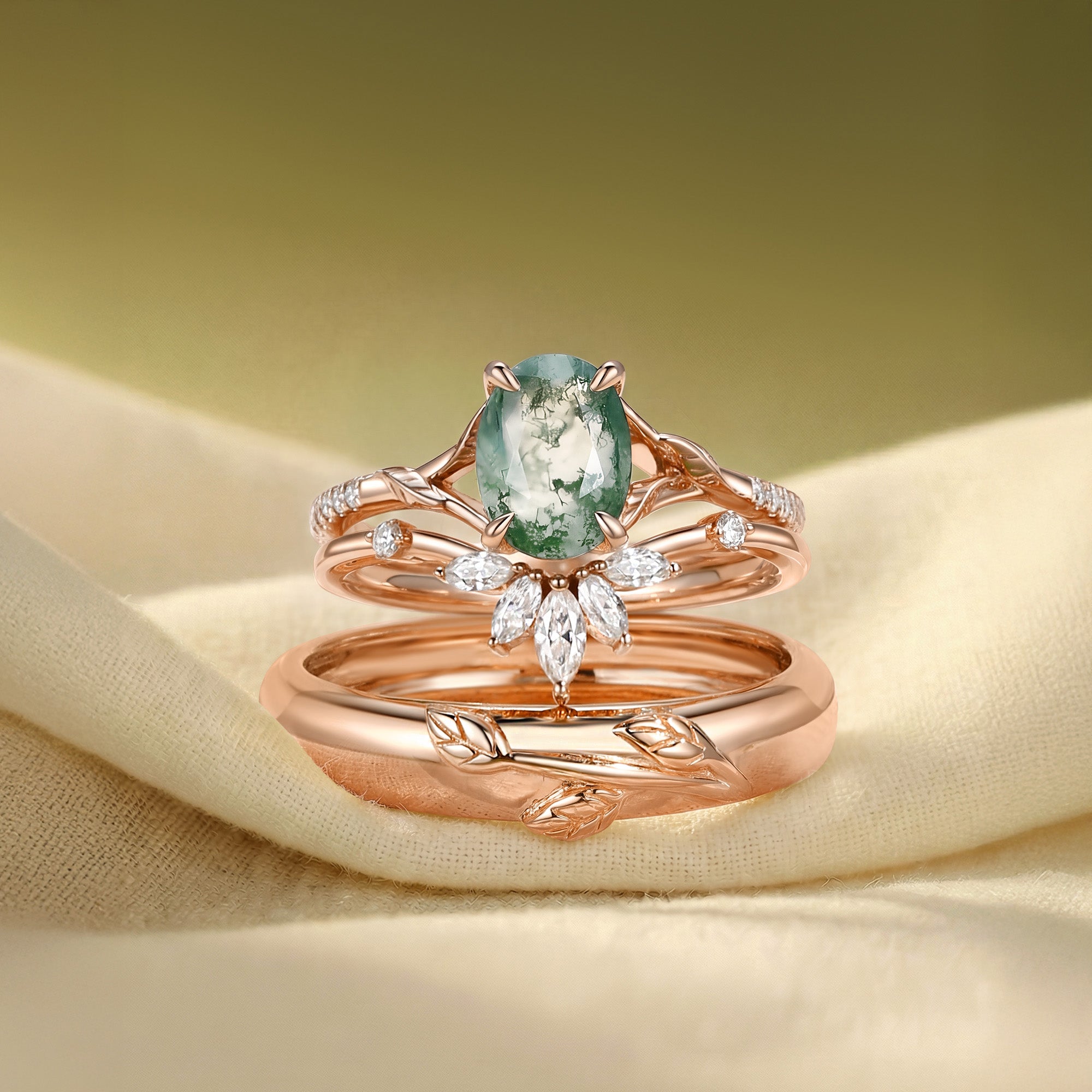 Dahlia - Moss Agate Oval Cut Leafy Gold Couple Ring Set