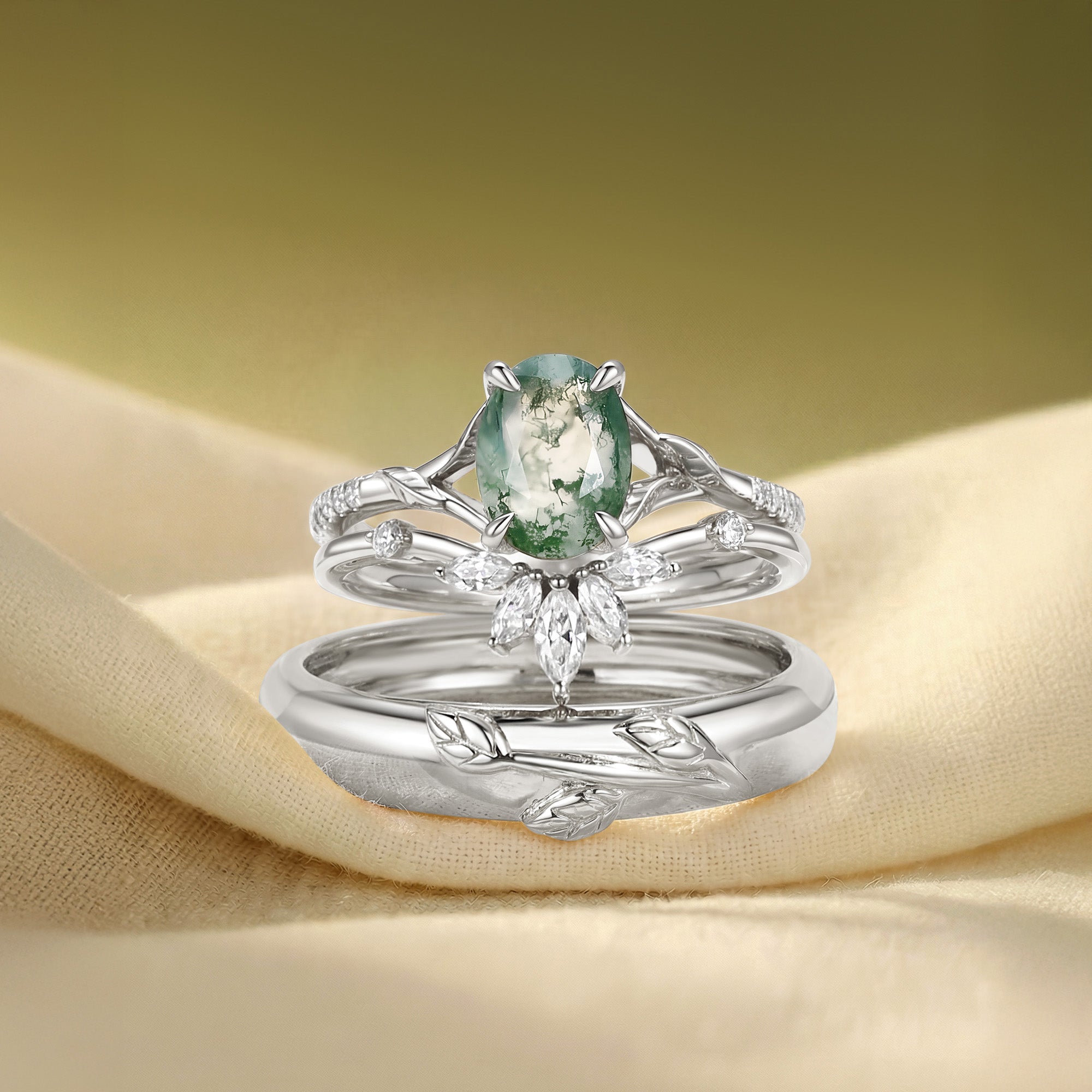 Dahlia - Moss Agate Oval Cut Leafy Gold Couple Ring Set