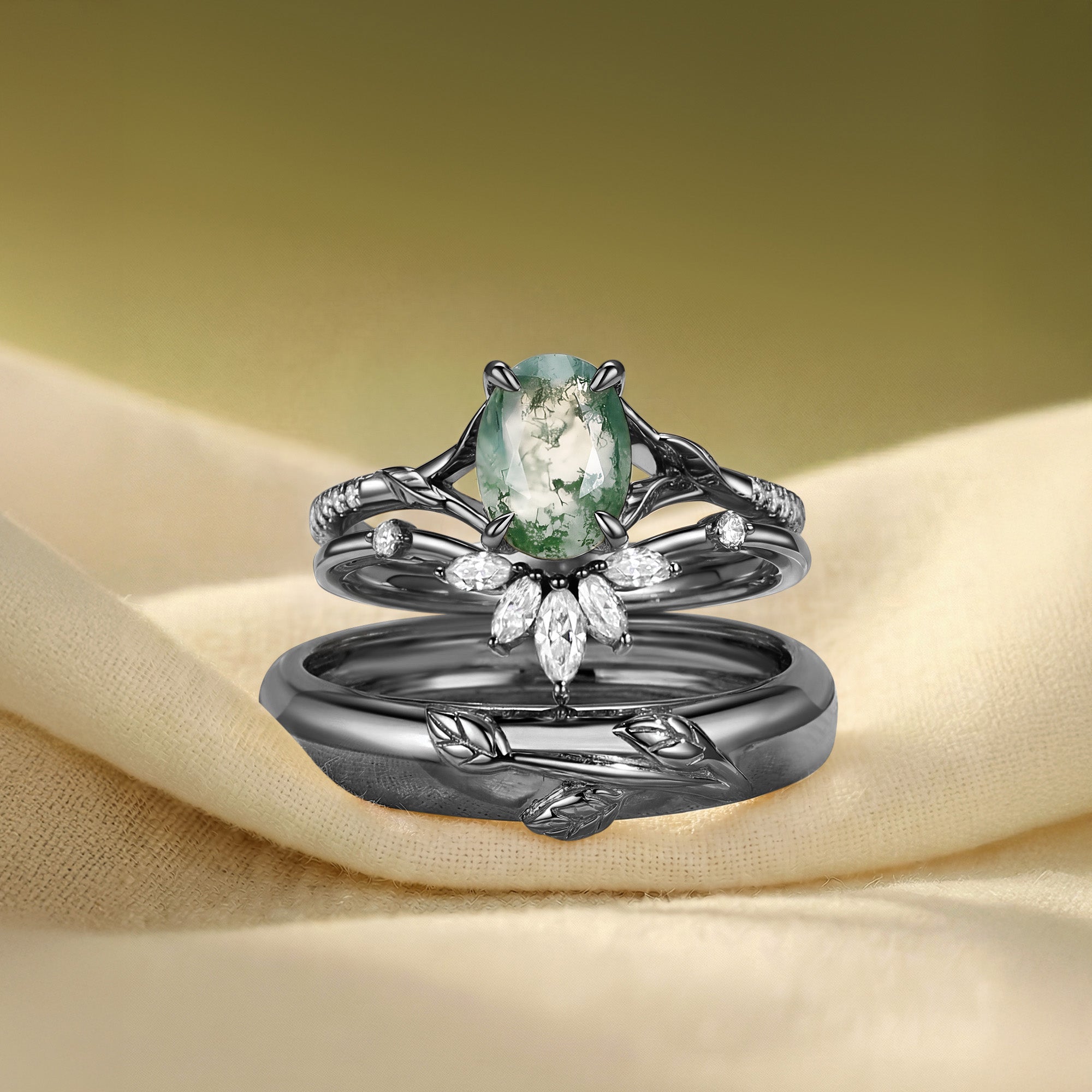 Dahlia - Moss Agate Oval Cut Leafy Gold Couple Ring Set
