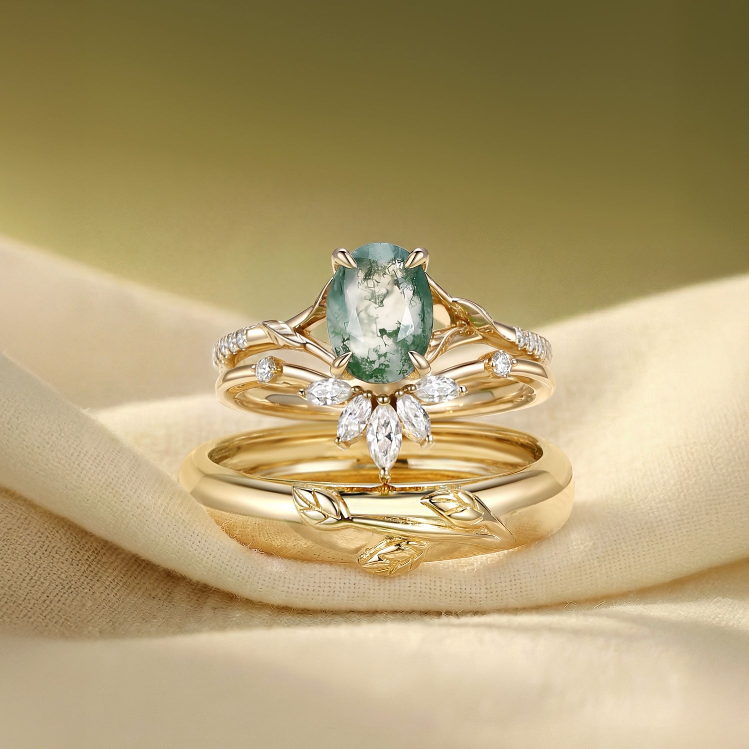 Dahlia - Moss Agate Oval Cut Leafy Gold Couple Ring Set