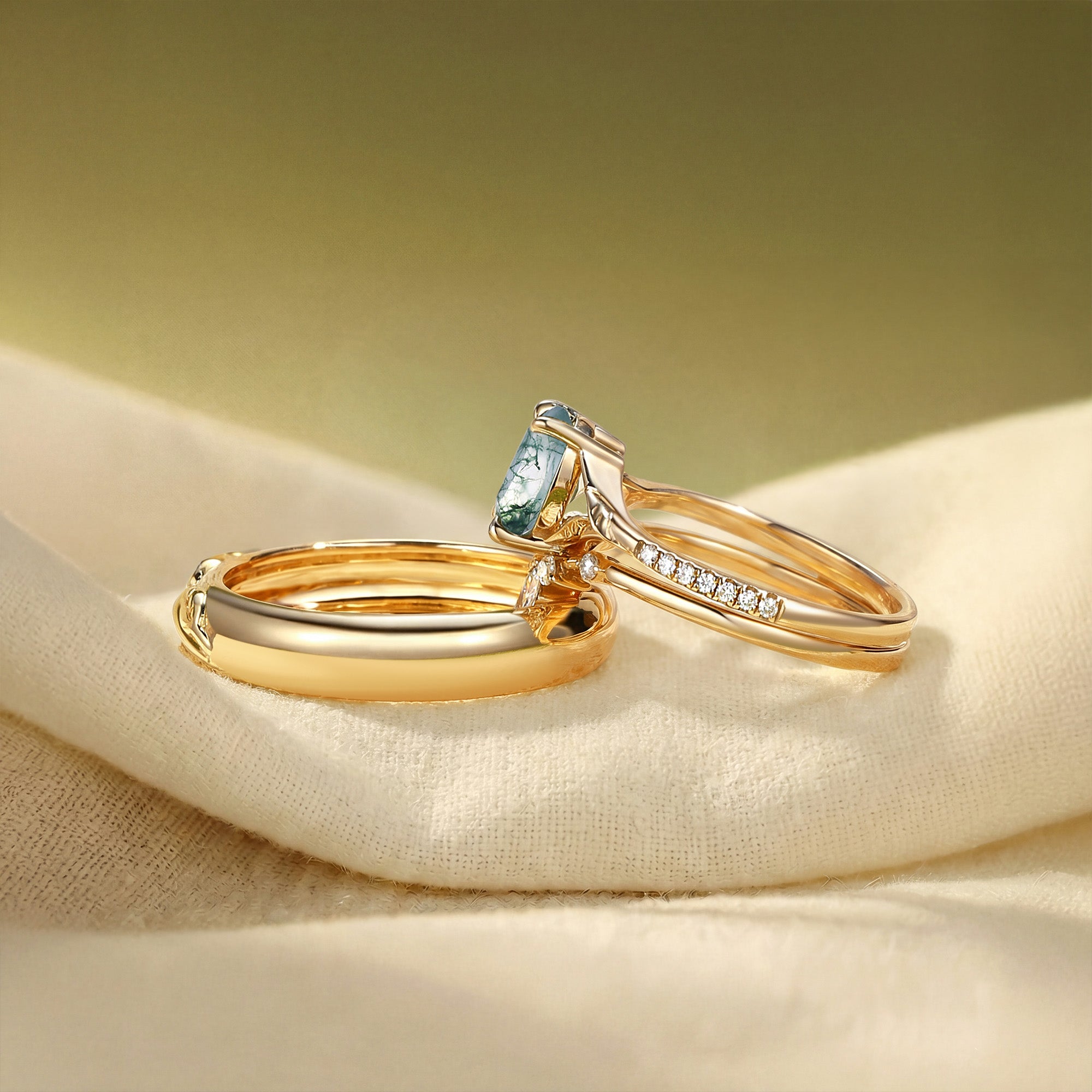 Dahlia - Moss Agate Oval Cut Leafy Gold Couple Ring Set