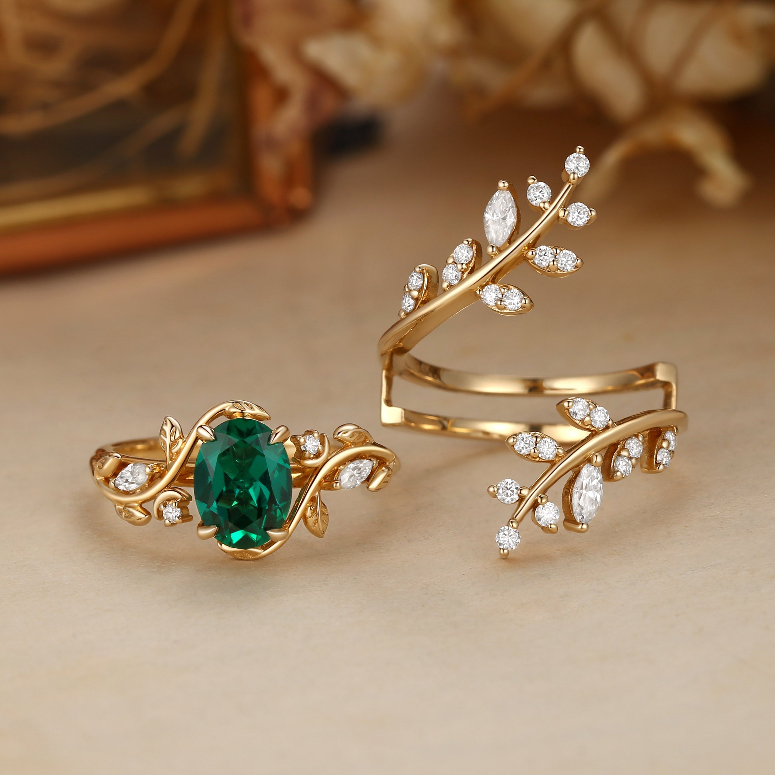 Gabrielle - Oval Cut Lab Emerald Enhancer Bridal Set 2pcs