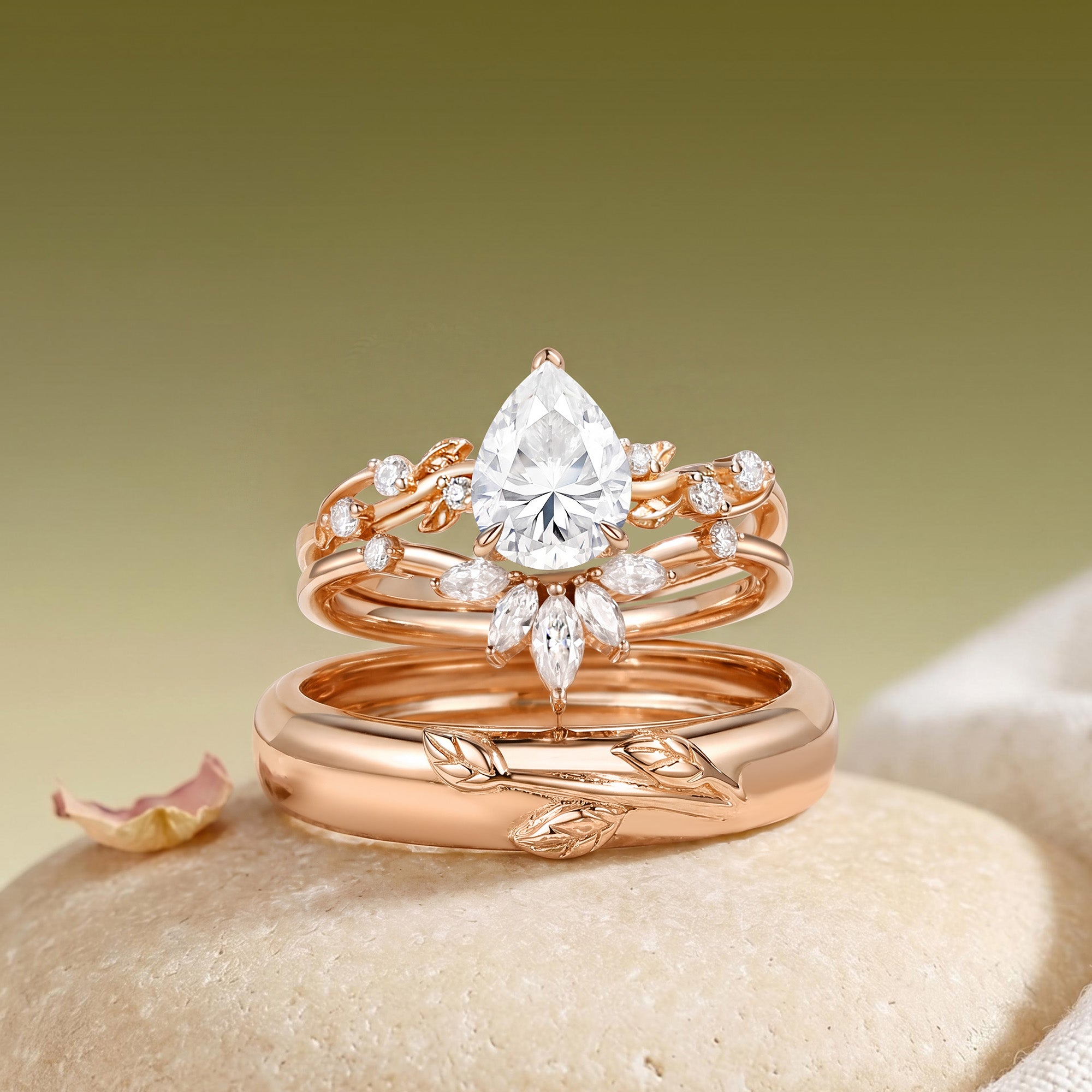 Clarissa - Moissanite Pear Cut Leafy Gold Couple Ring Set