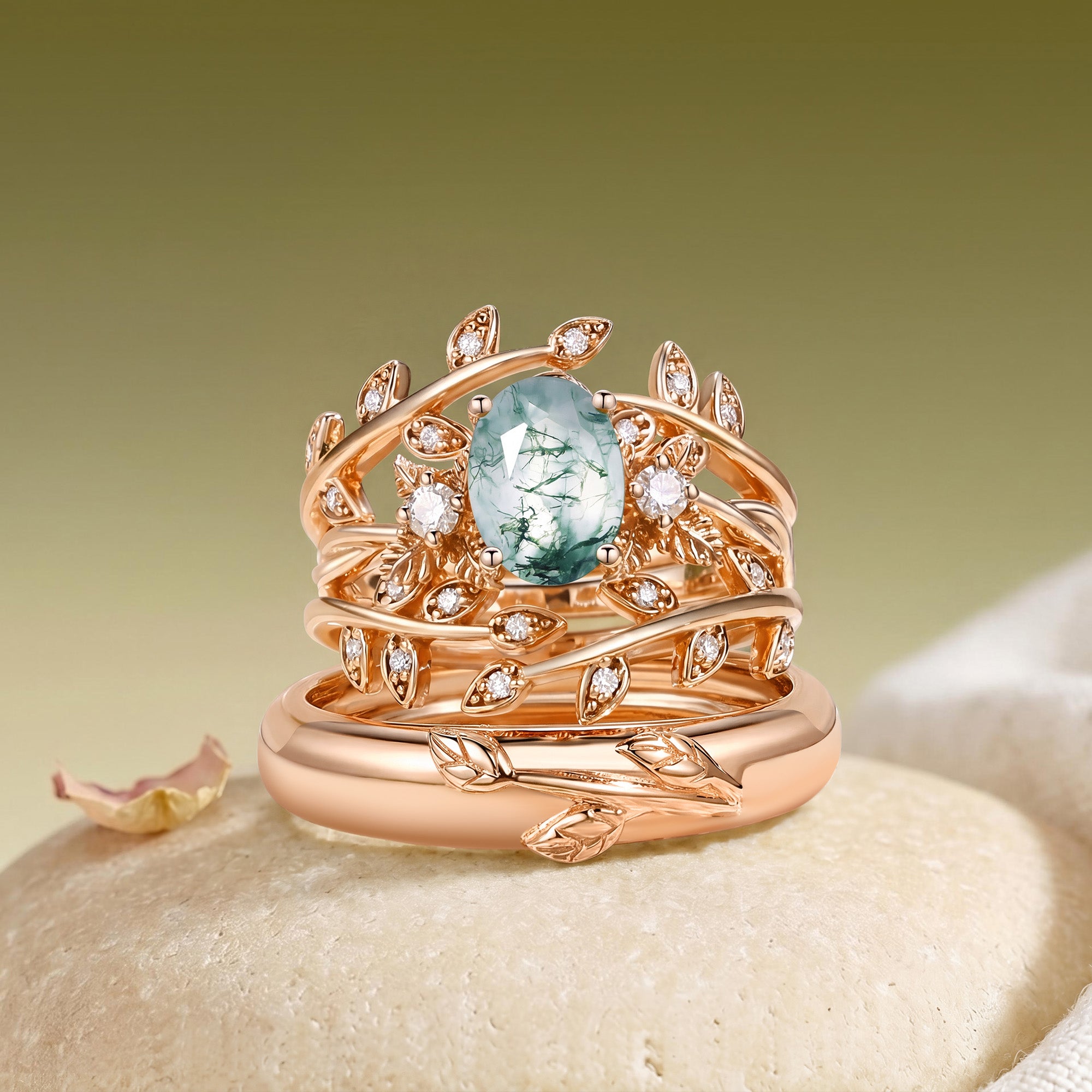 Oval Cut Moss Agate Leafy Gold Couple Ring Set - Léonie