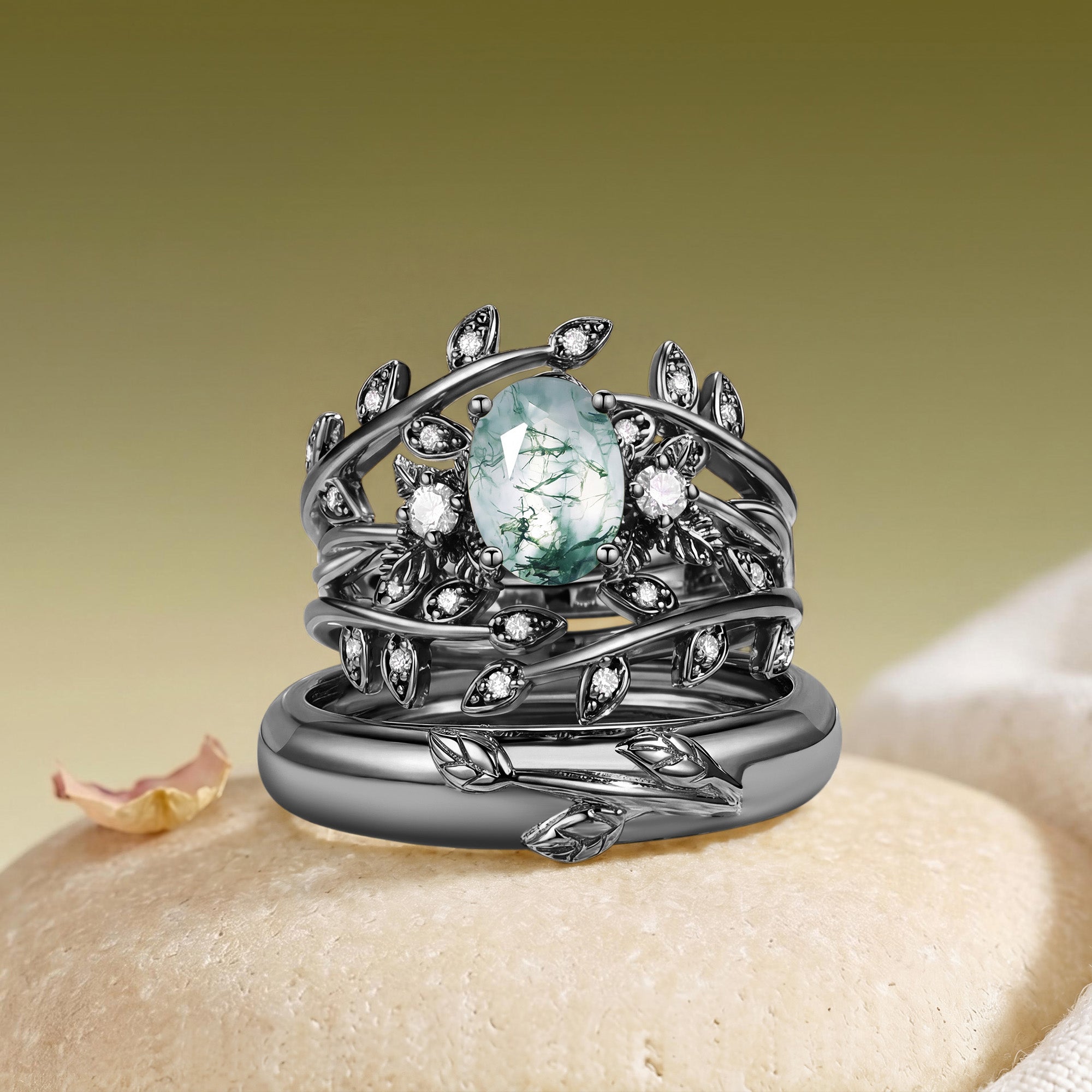Oval Cut Moss Agate Leafy Gold Couple Ring Set - Léonie