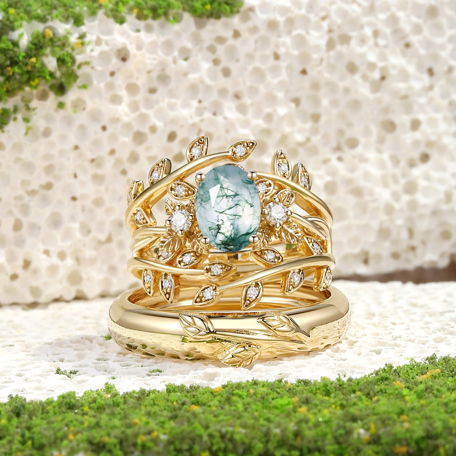 Oval Cut Moss Agate Leafy Gold Couple Ring Set - Léonie