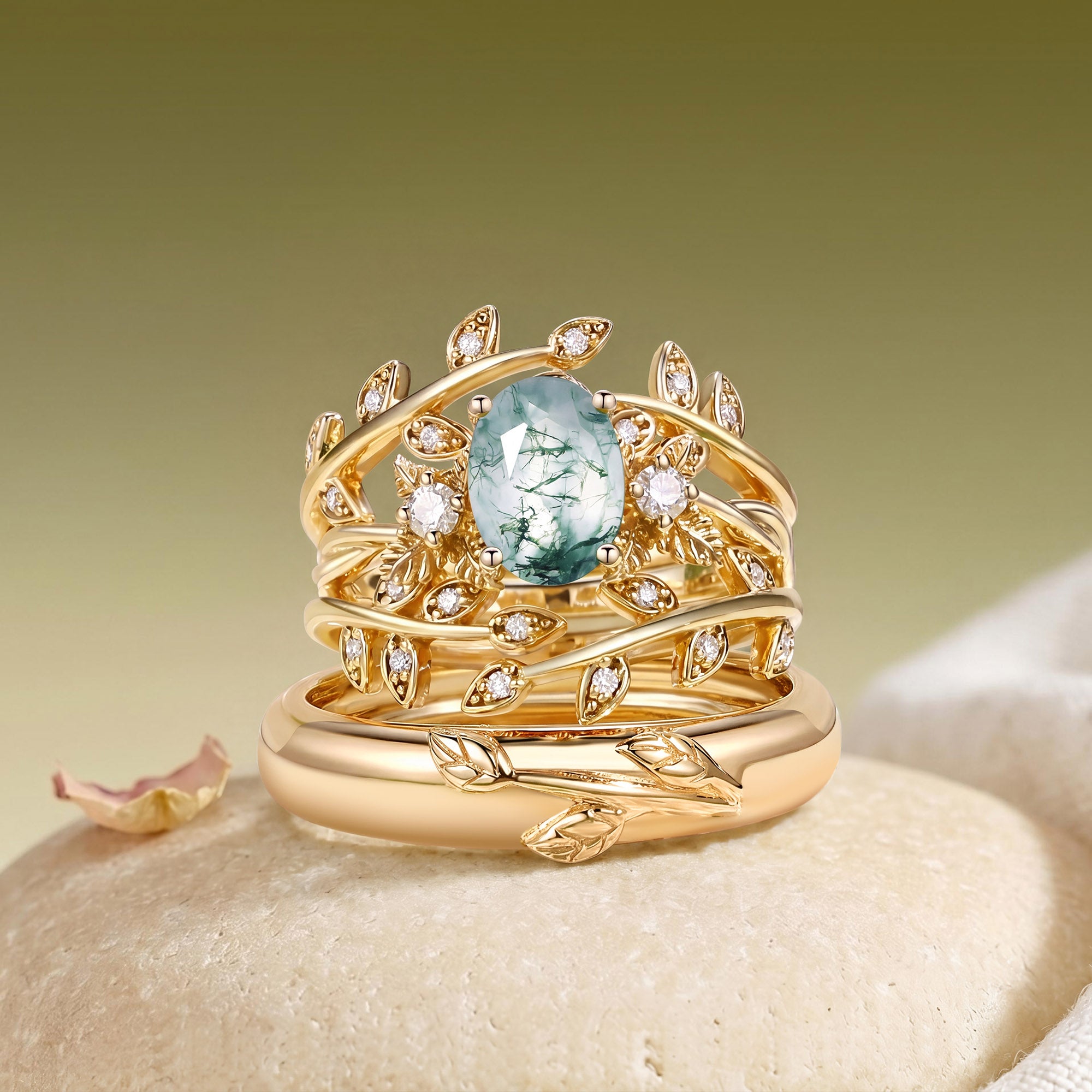 Oval Cut Moss Agate Leafy Gold Couple Ring Set - Léonie