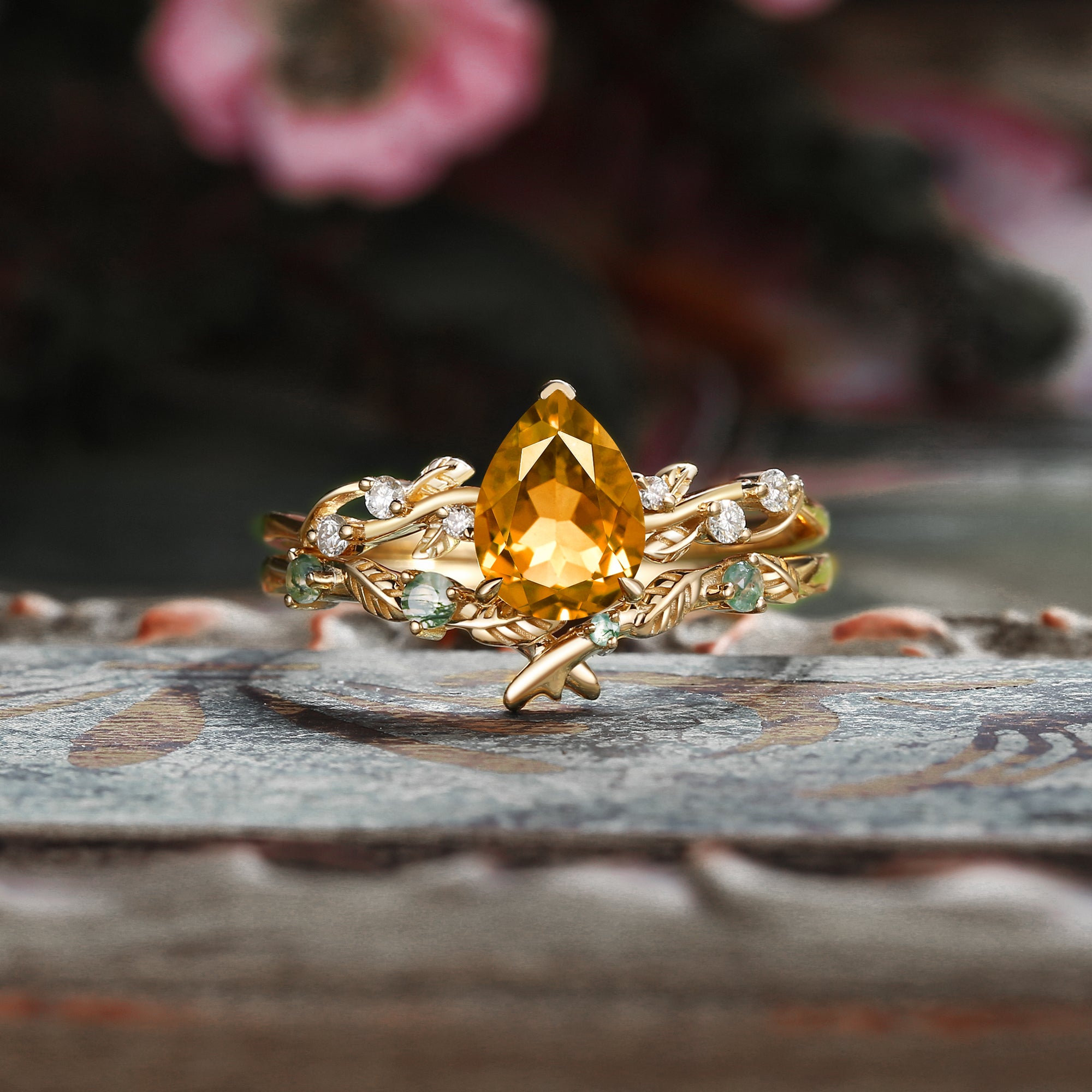 Clarissa - Pear Cut Citrine Leaf Bridal Set 2pcs