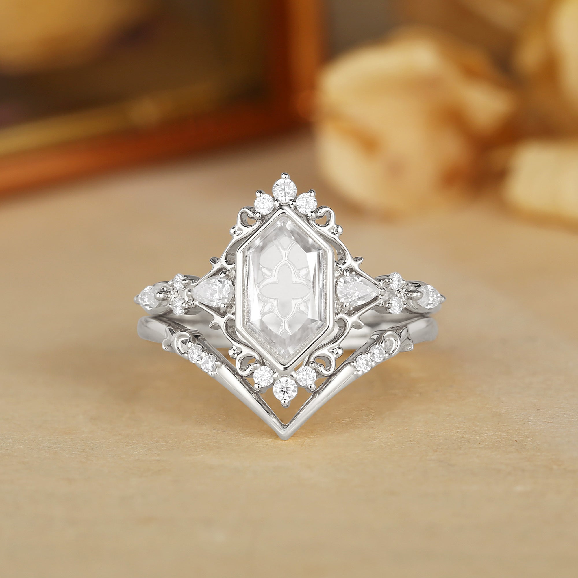 Swan - Portrait Cut Hexagon Moissanite Vintage Bridal Set 2pcs