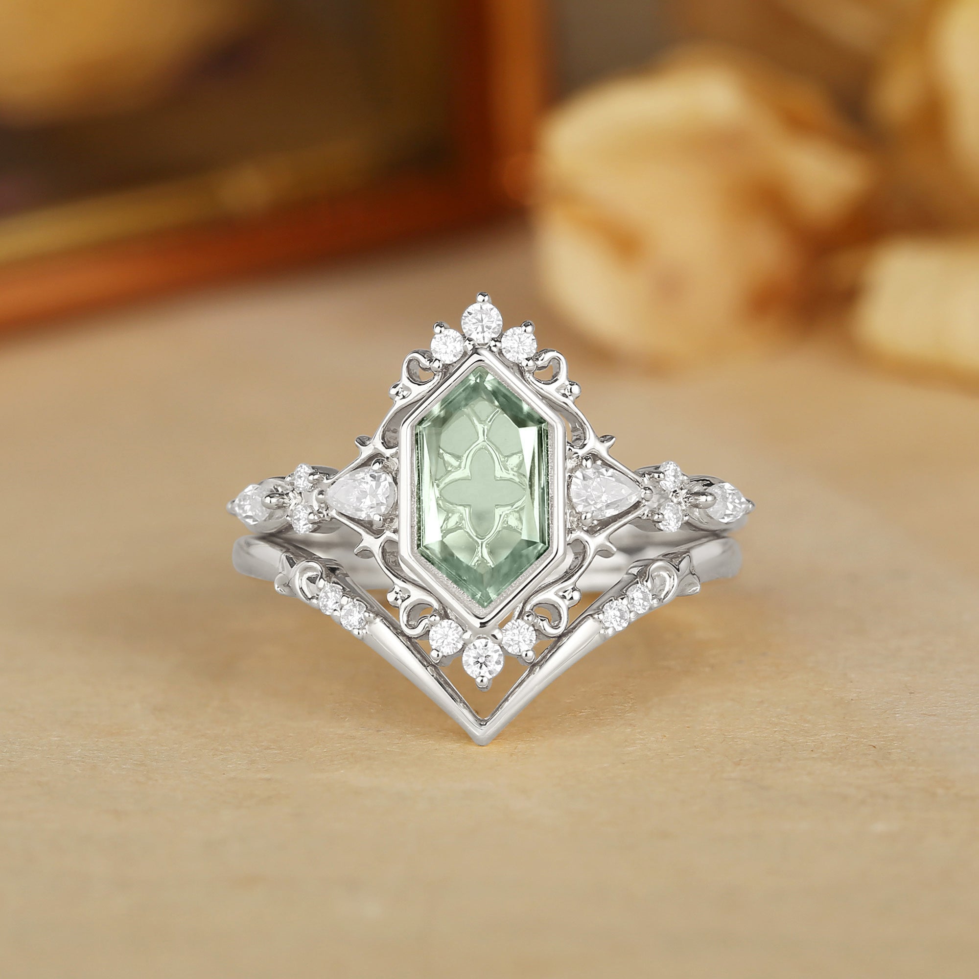Portrait Cut Hexagon Green Sapphire Princesscore Vintage Bridal Set 2pcs - Swan