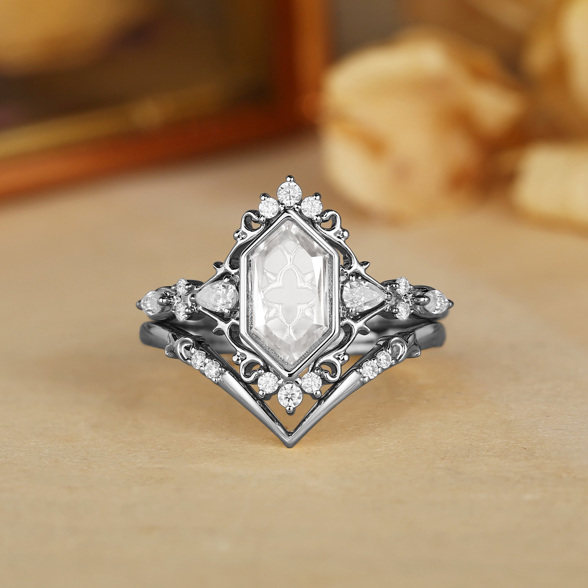 Swan - Portrait Cut Hexagon Moissanite Vintage Bridal Set 2pcs