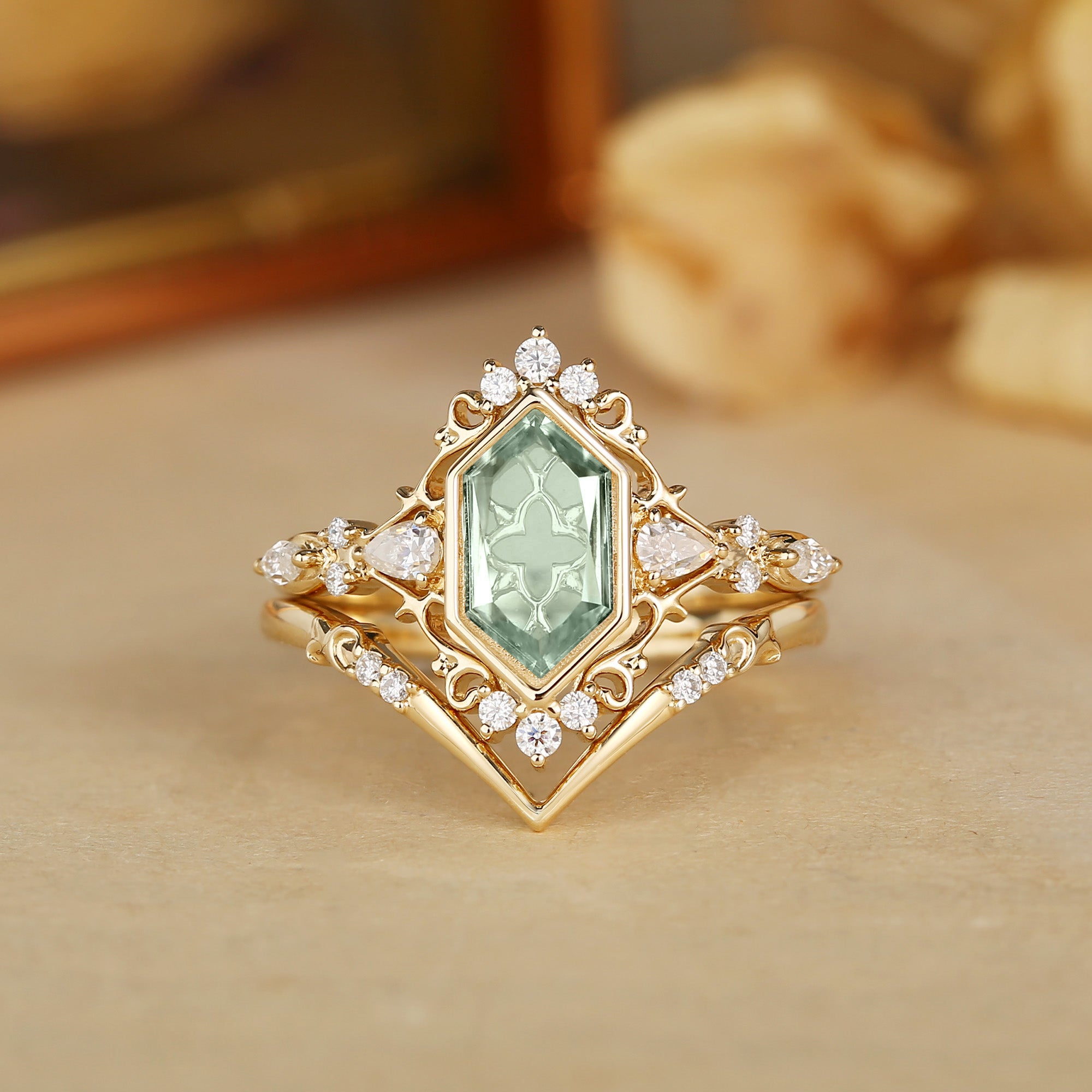 Portrait Cut Hexagon Green Sapphire Princesscore Vintage Bridal Set 2pcs - Swan