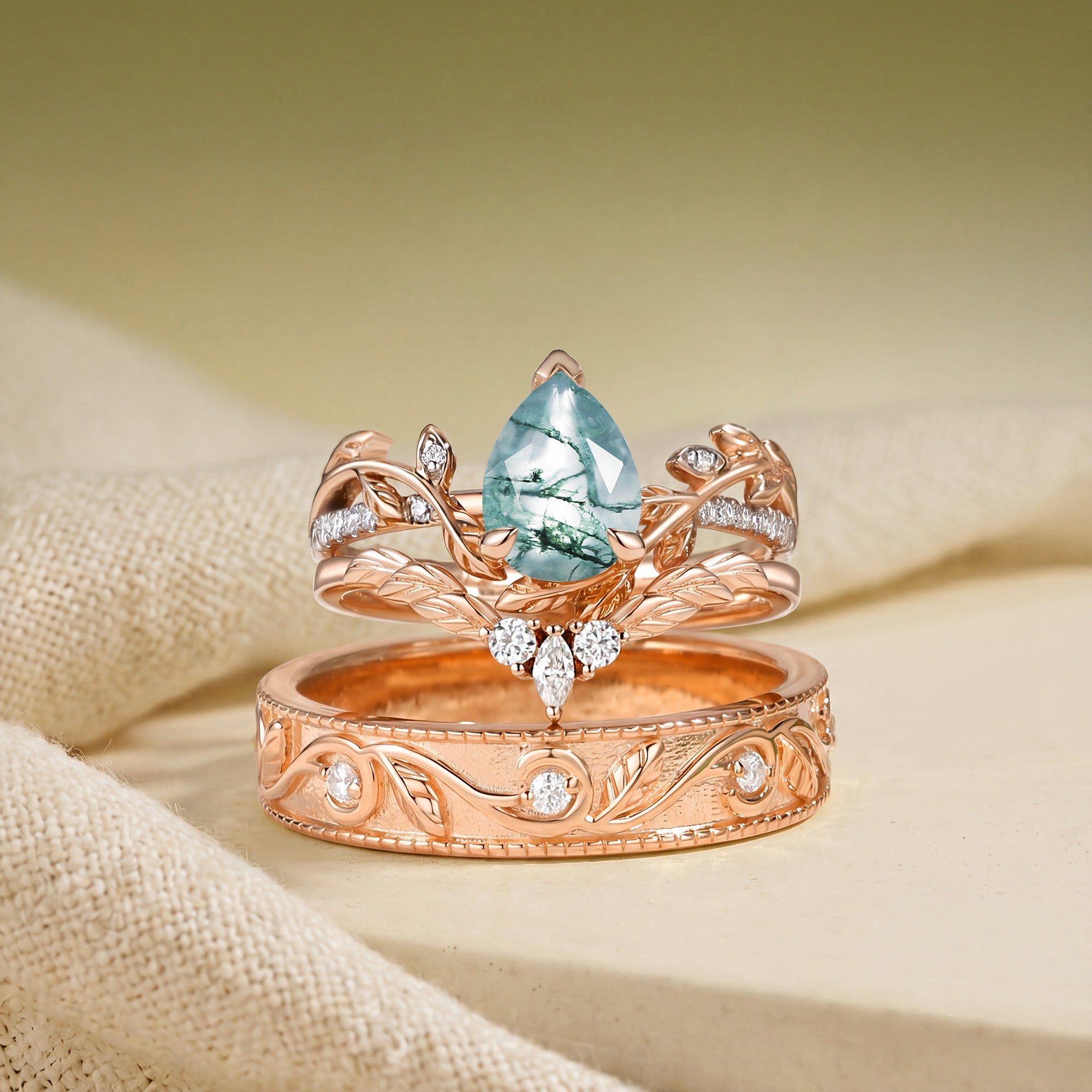 Jora - Pear Cut Moss Agate Cluster Couple Ring Set