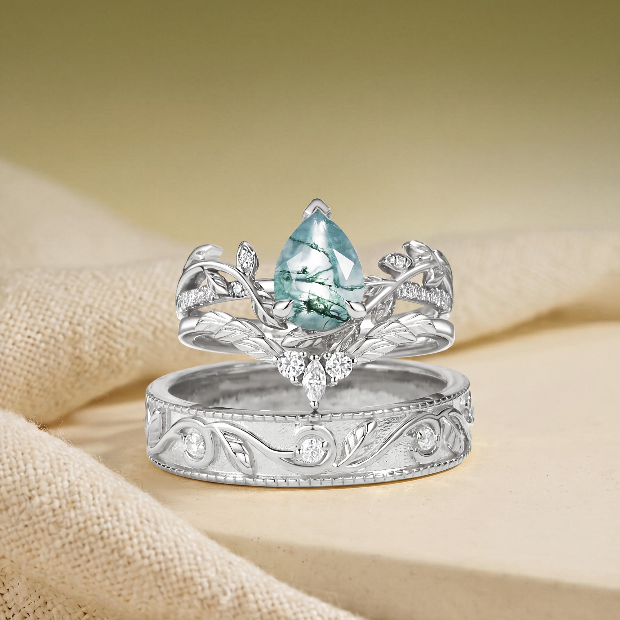 Jora - Pear Cut Moss Agate Cluster Couple Ring Set