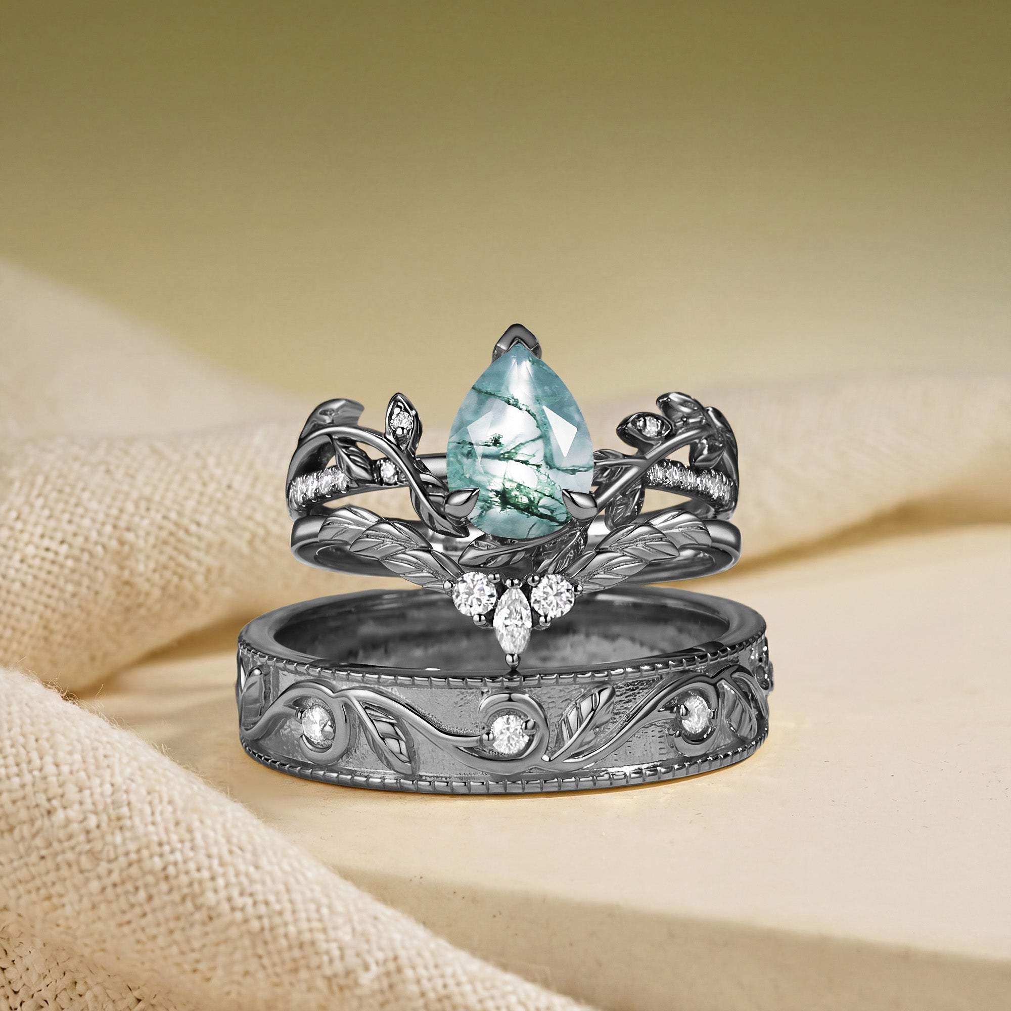 Jora - Pear Cut Moss Agate Cluster Couple Ring Set