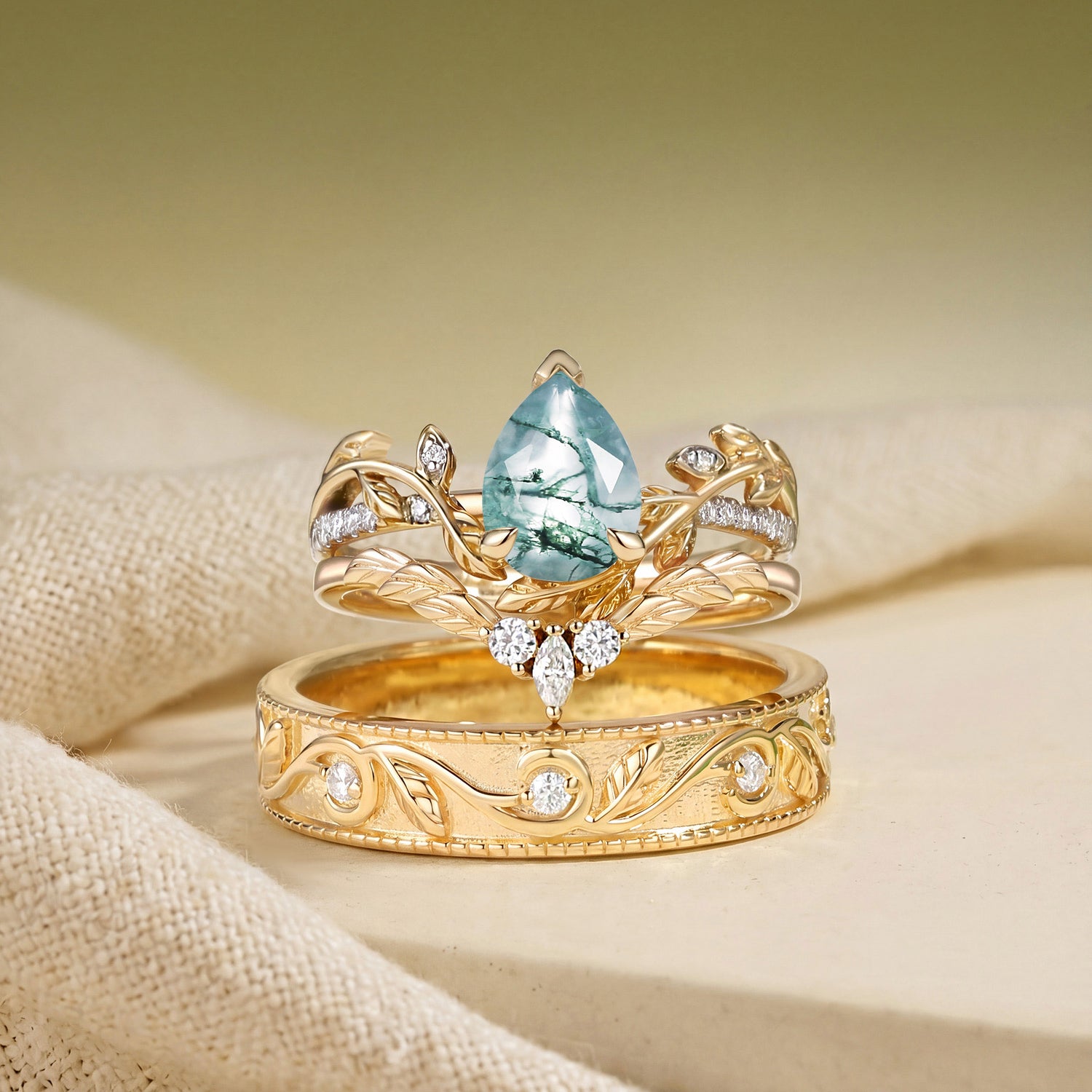 Jora - Pear Cut Moss Agate Cluster Couple Ring Set
