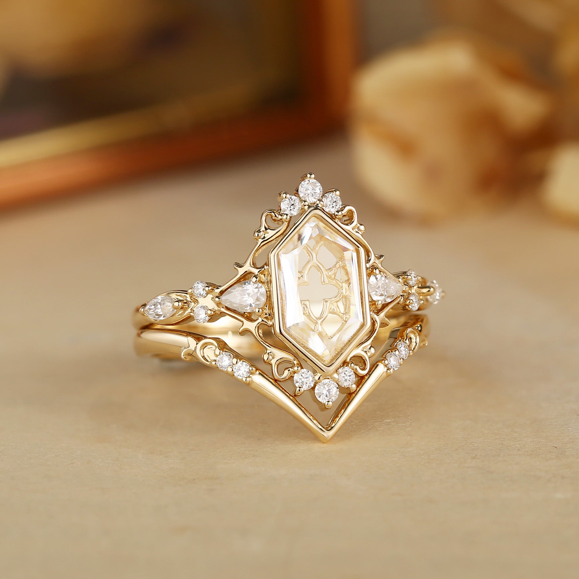 Swan - Portrait Cut Hexagon Moissanite Vintage Bridal Set 2pcs