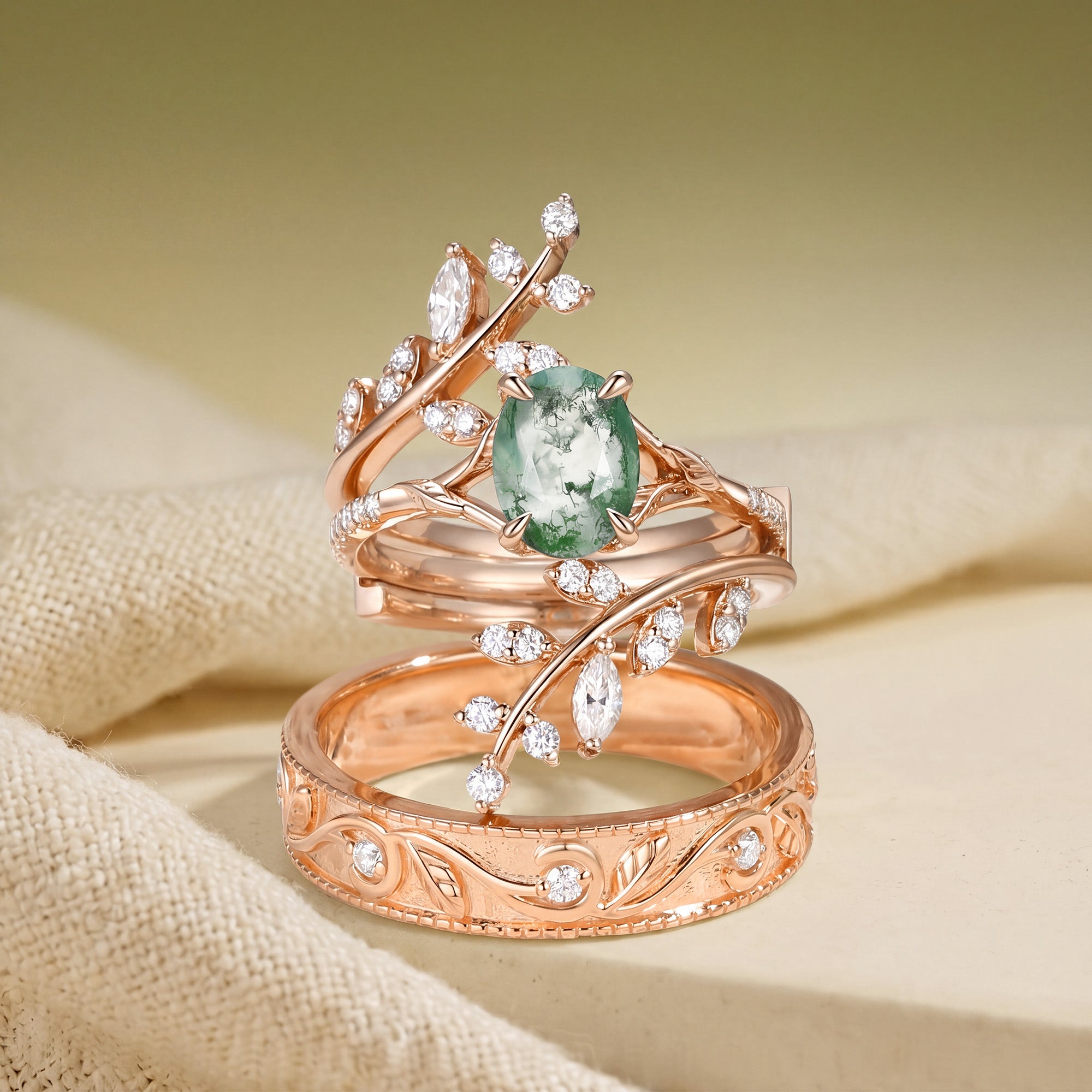 Daphne - Oval Cut Moss Agate Cluster Couple Ring Set