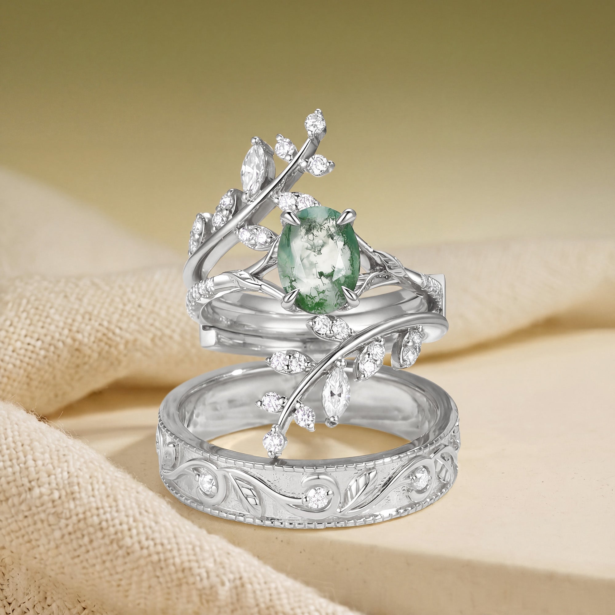 Daphne - Oval Cut Moss Agate Cluster Couple Ring Set