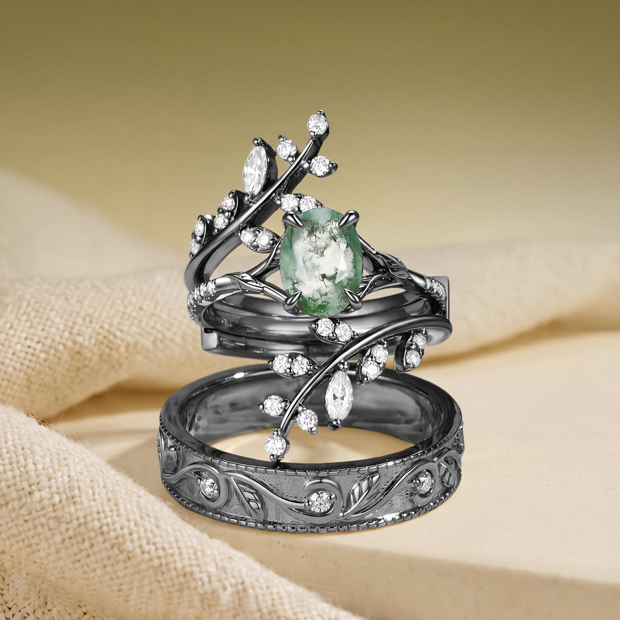 Daphne - Oval Cut Moss Agate Cluster Couple Ring Set
