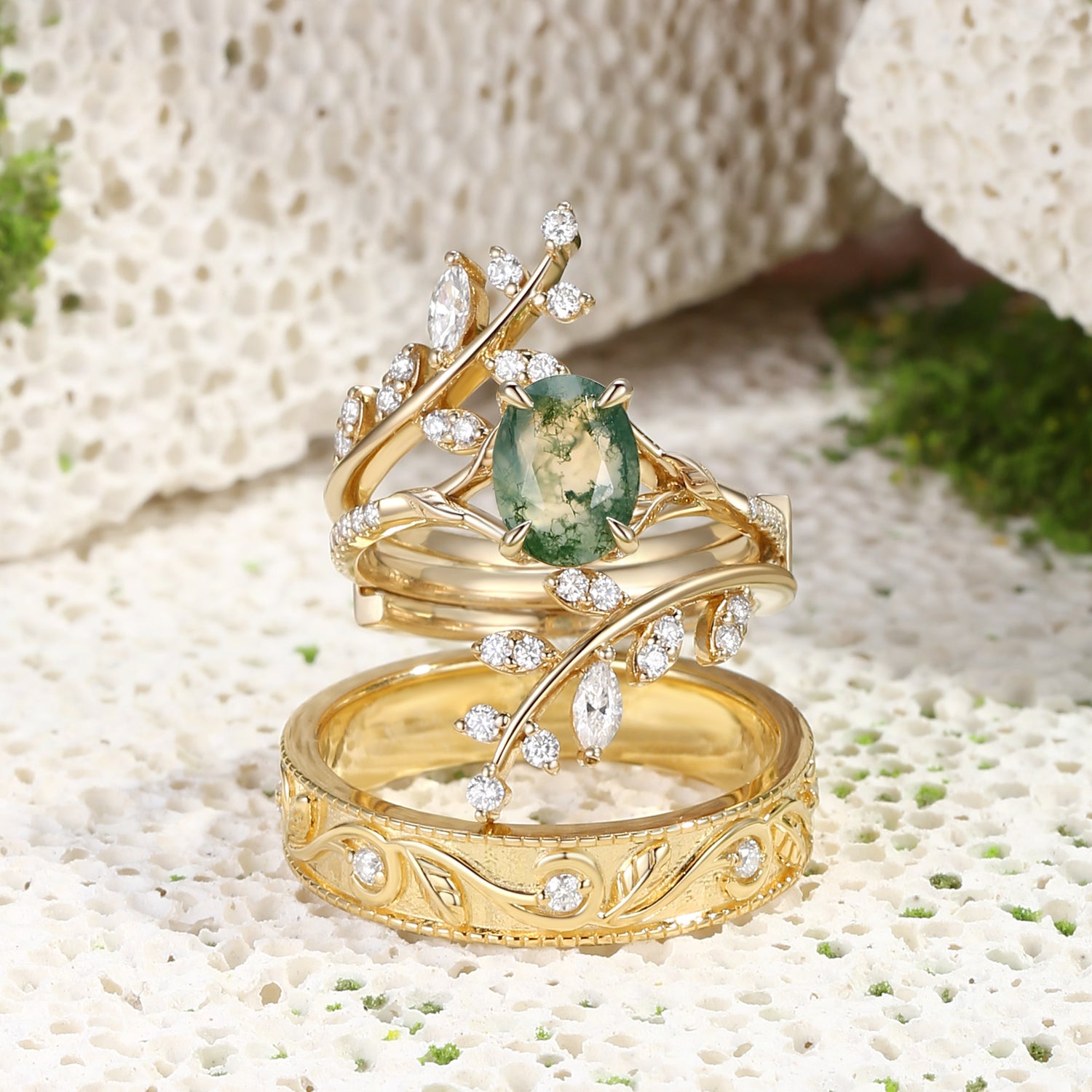 Daphne - Oval Cut Moss Agate Cluster Couple Ring Set