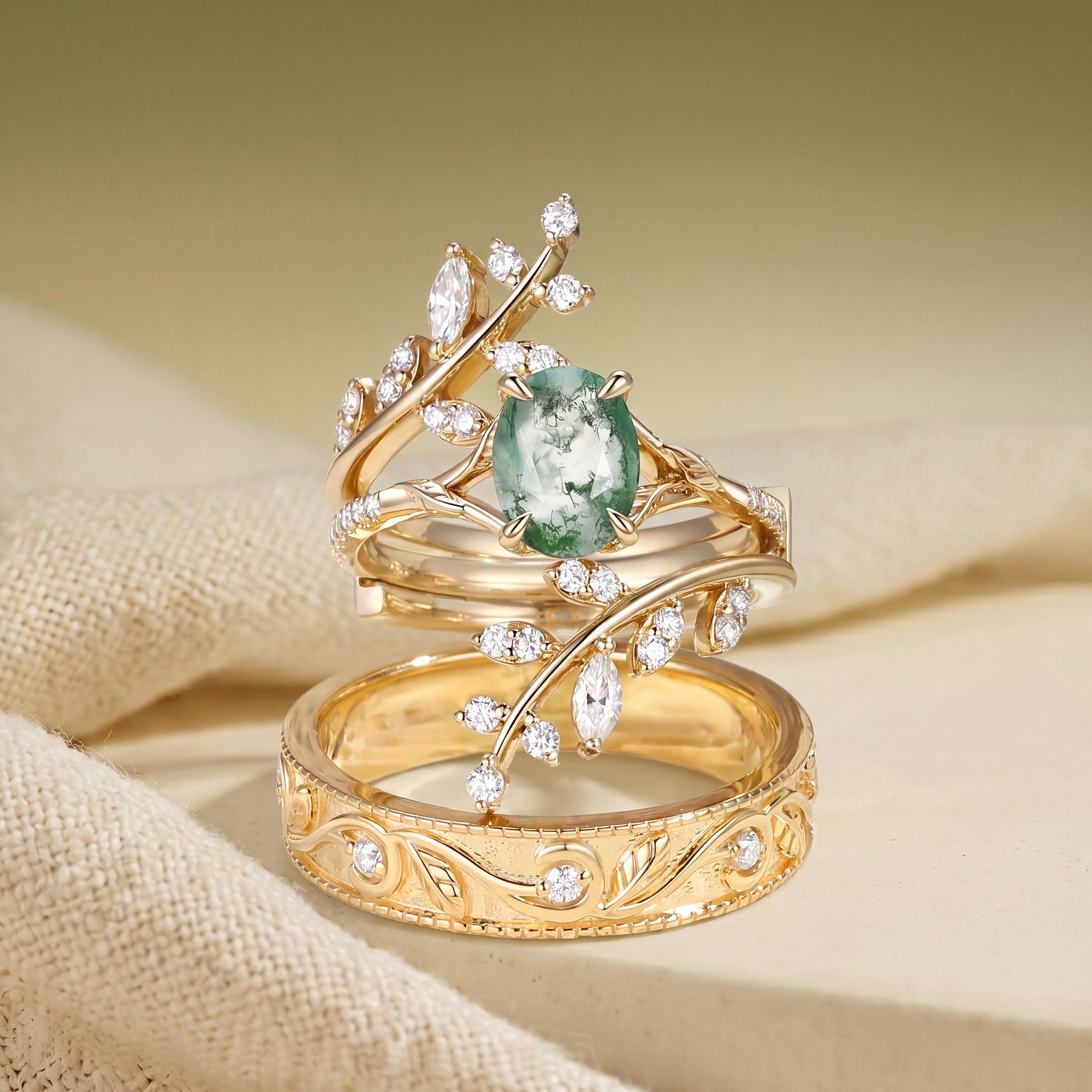 Daphne - Oval Cut Moss Agate Cluster Couple Ring Set