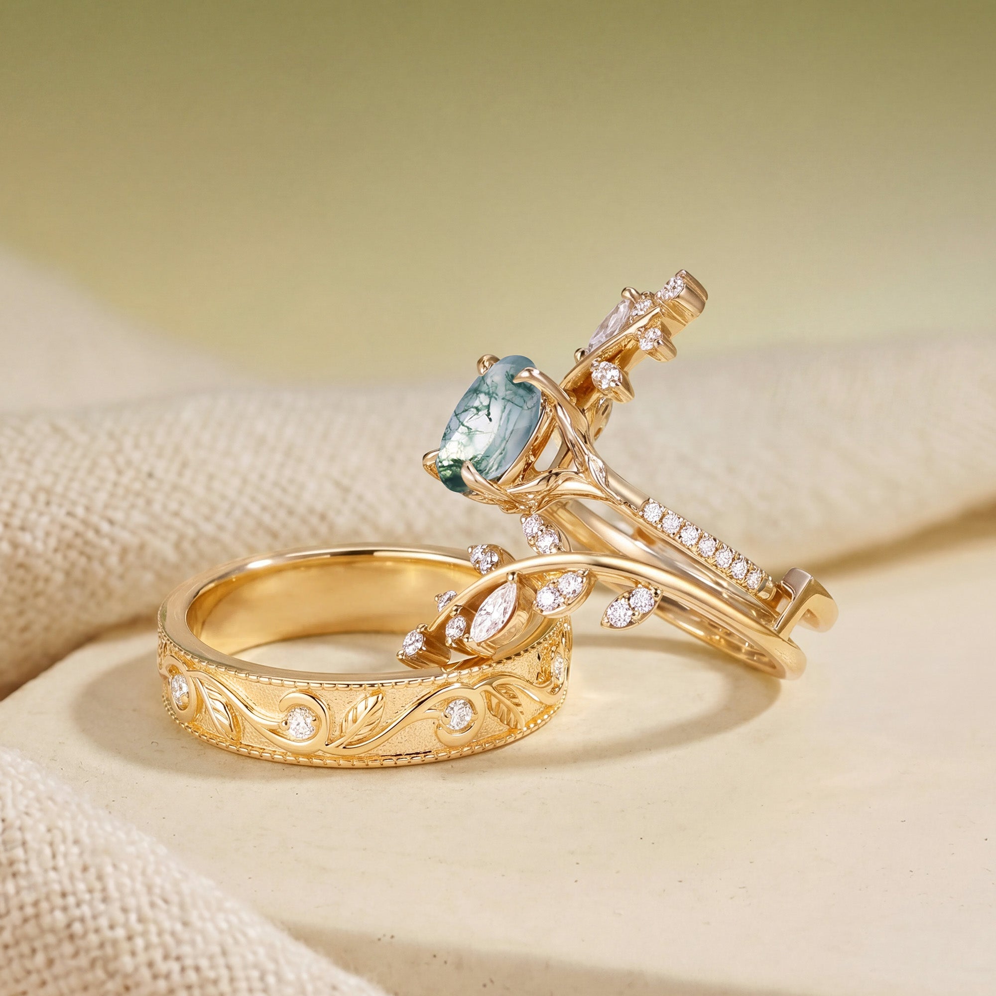 Daphne - Oval Cut Moss Agate Cluster Couple Ring Set