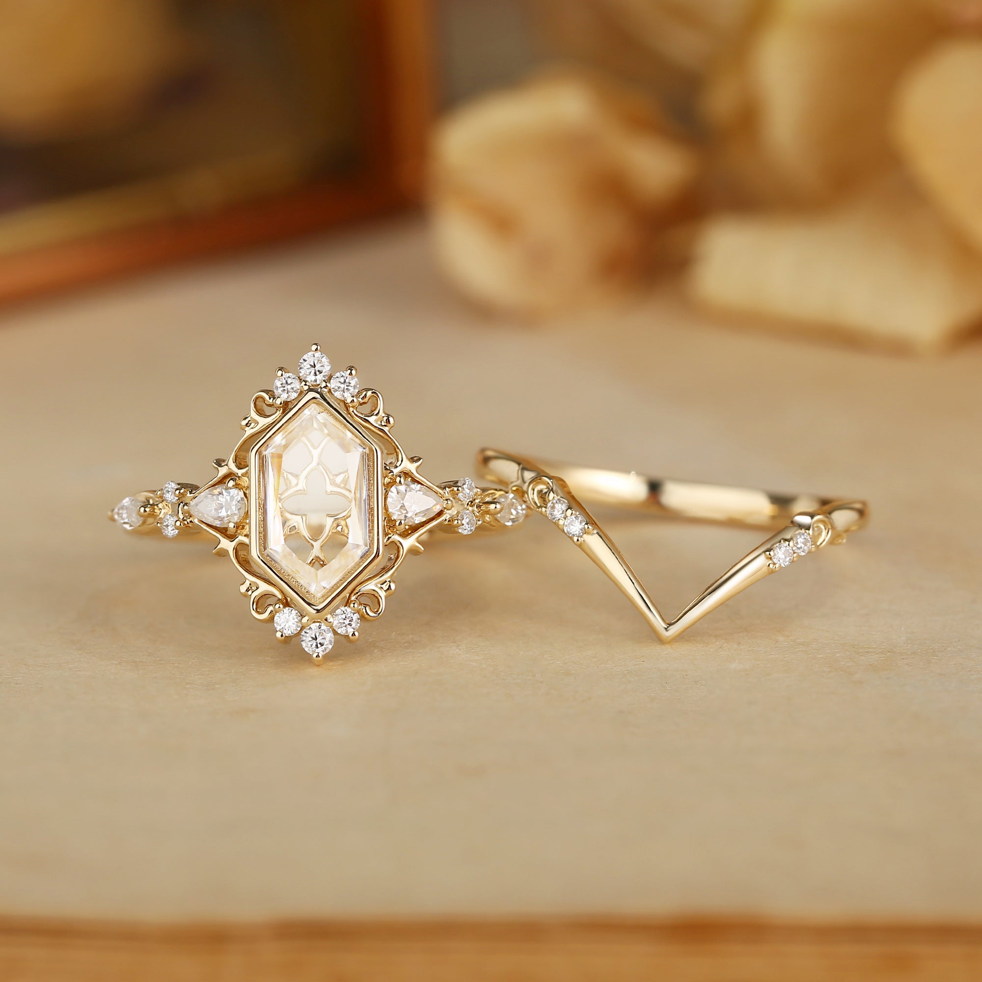Swan - Portrait Cut Hexagon Moissanite Vintage Bridal Set 2pcs