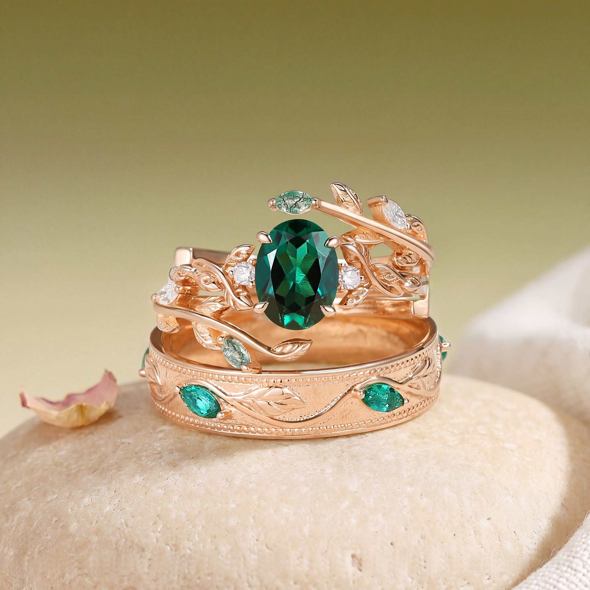 Helen - Oval Cut Emerald Cluster Couple Ring Set