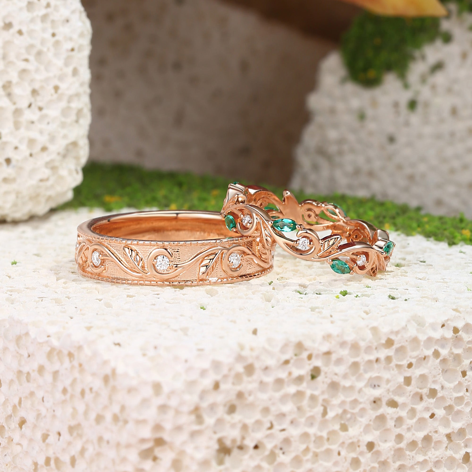 Couple Ring - Moissanite & Emerald Promise Rings Couple Ring Set