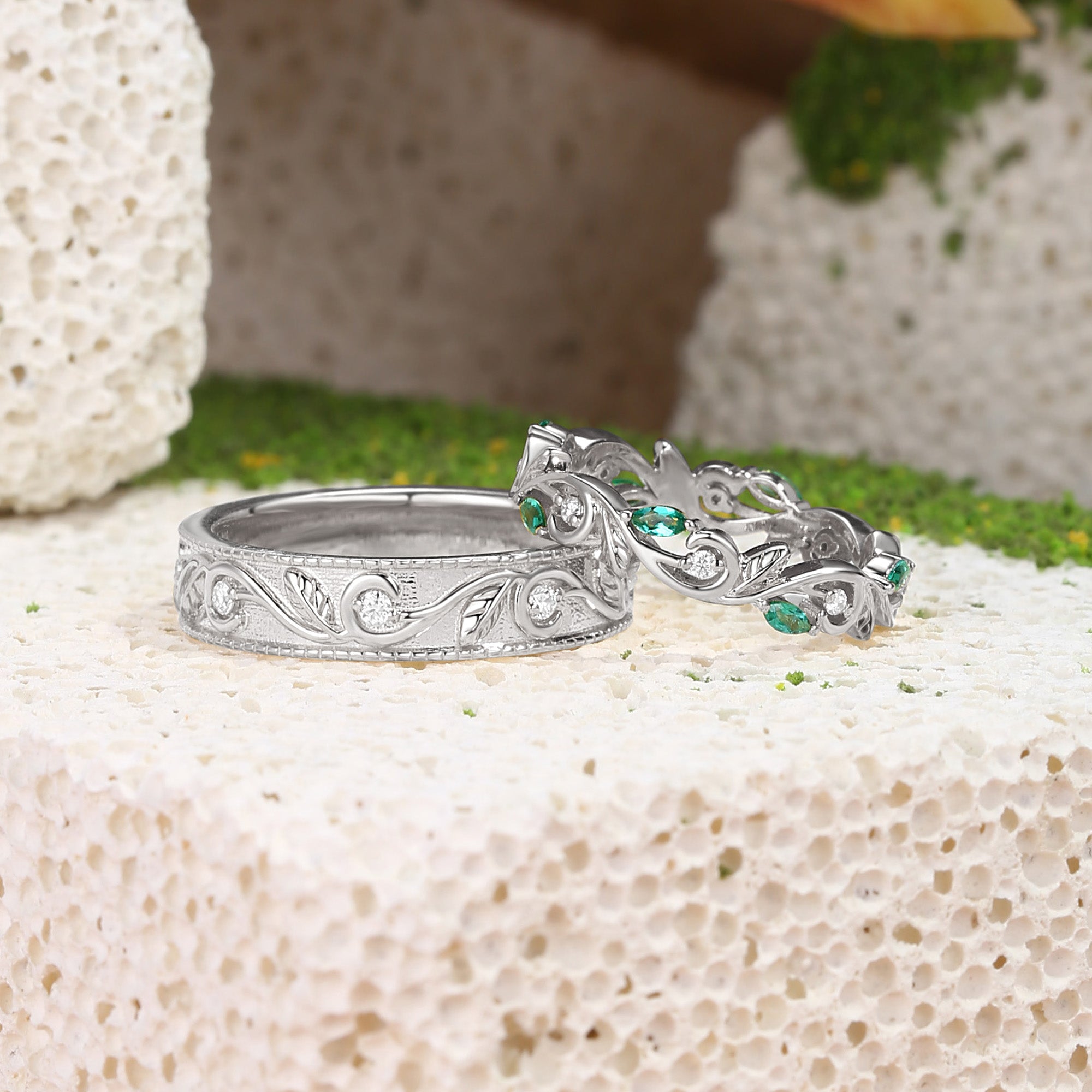 Couple Ring - Moissanite & Emerald Promise Rings Couple Ring Set
