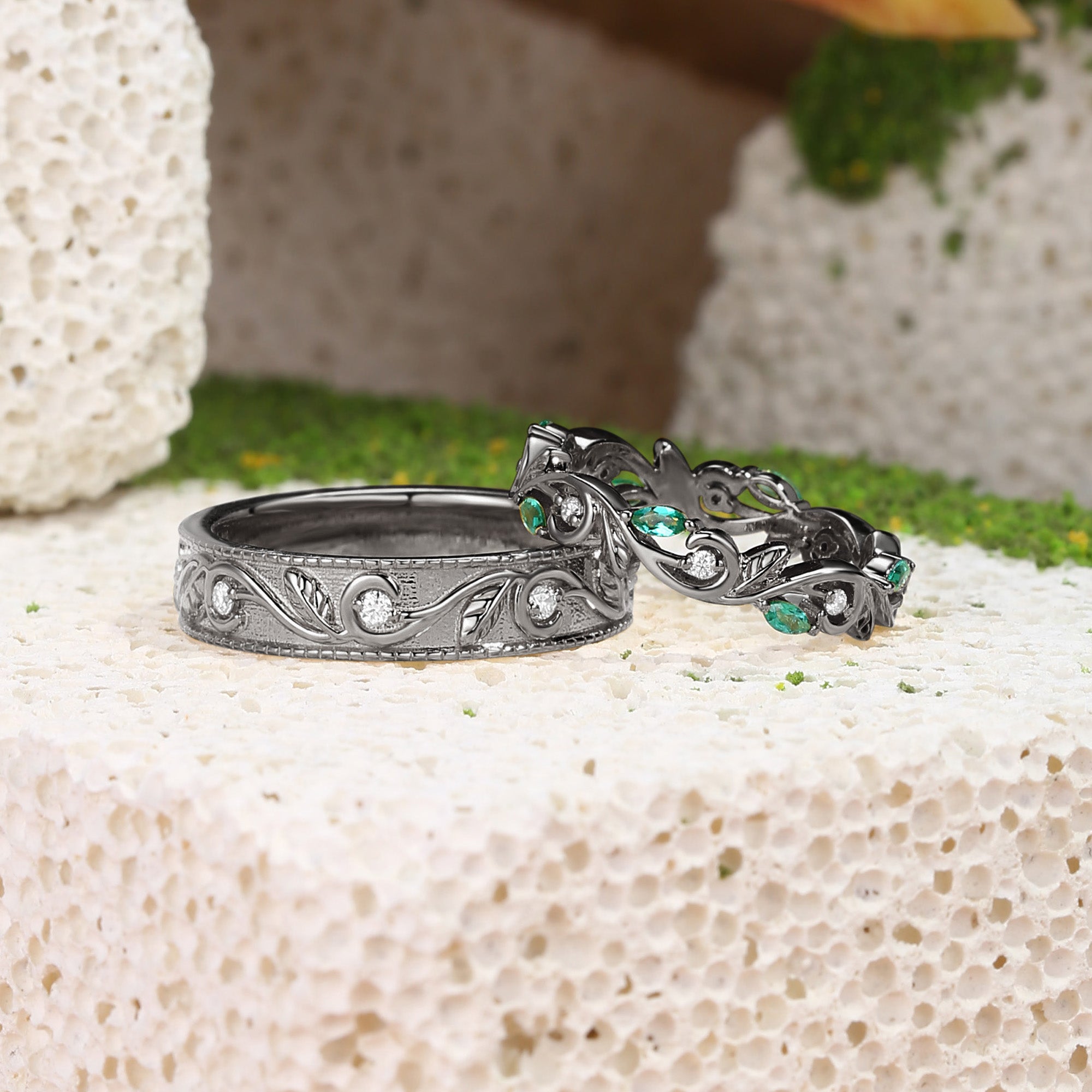 Couple Ring - Moissanite & Emerald Promise Rings Couple Ring Set