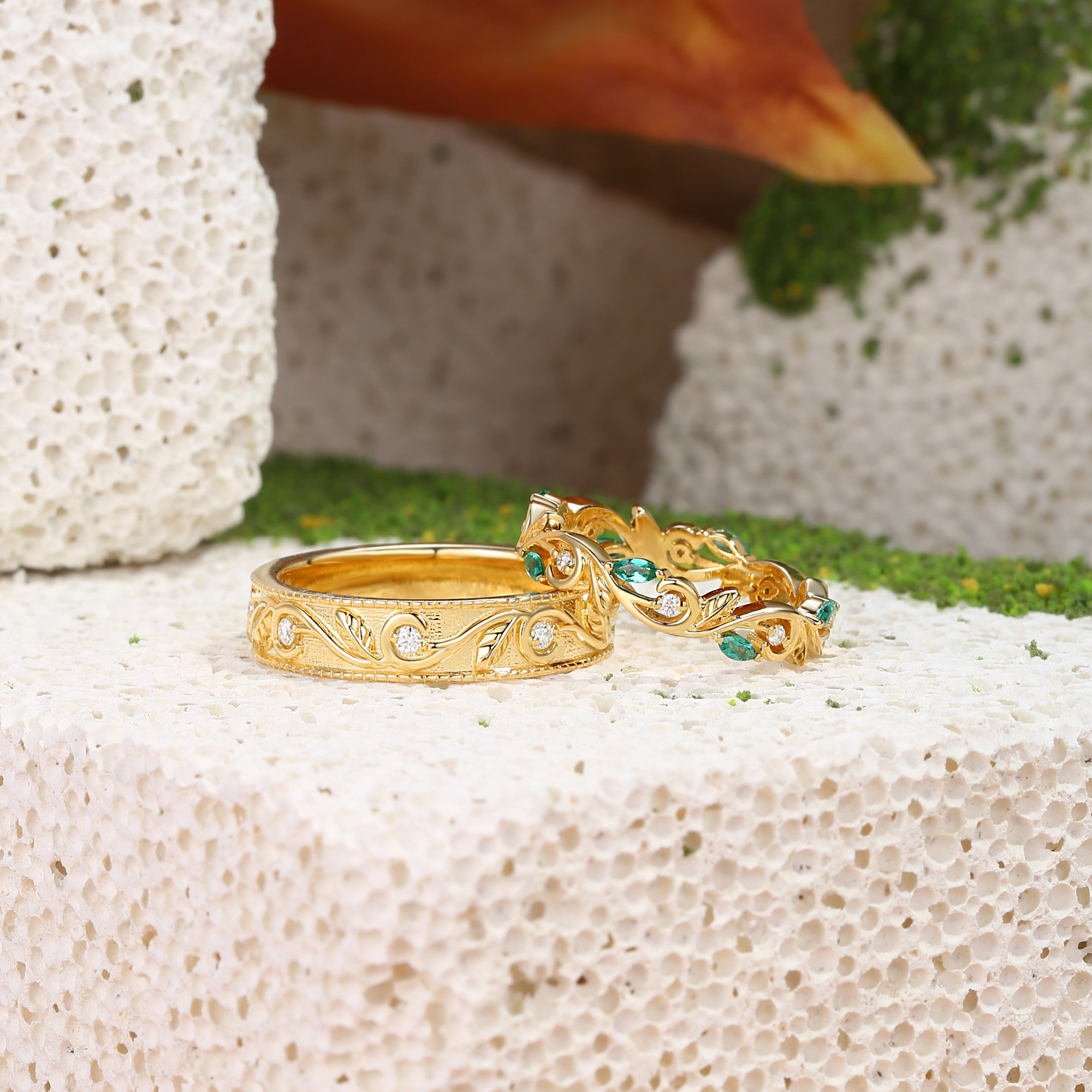 Couple Ring - Moissanite & Emerald Promise Rings Couple Ring Set