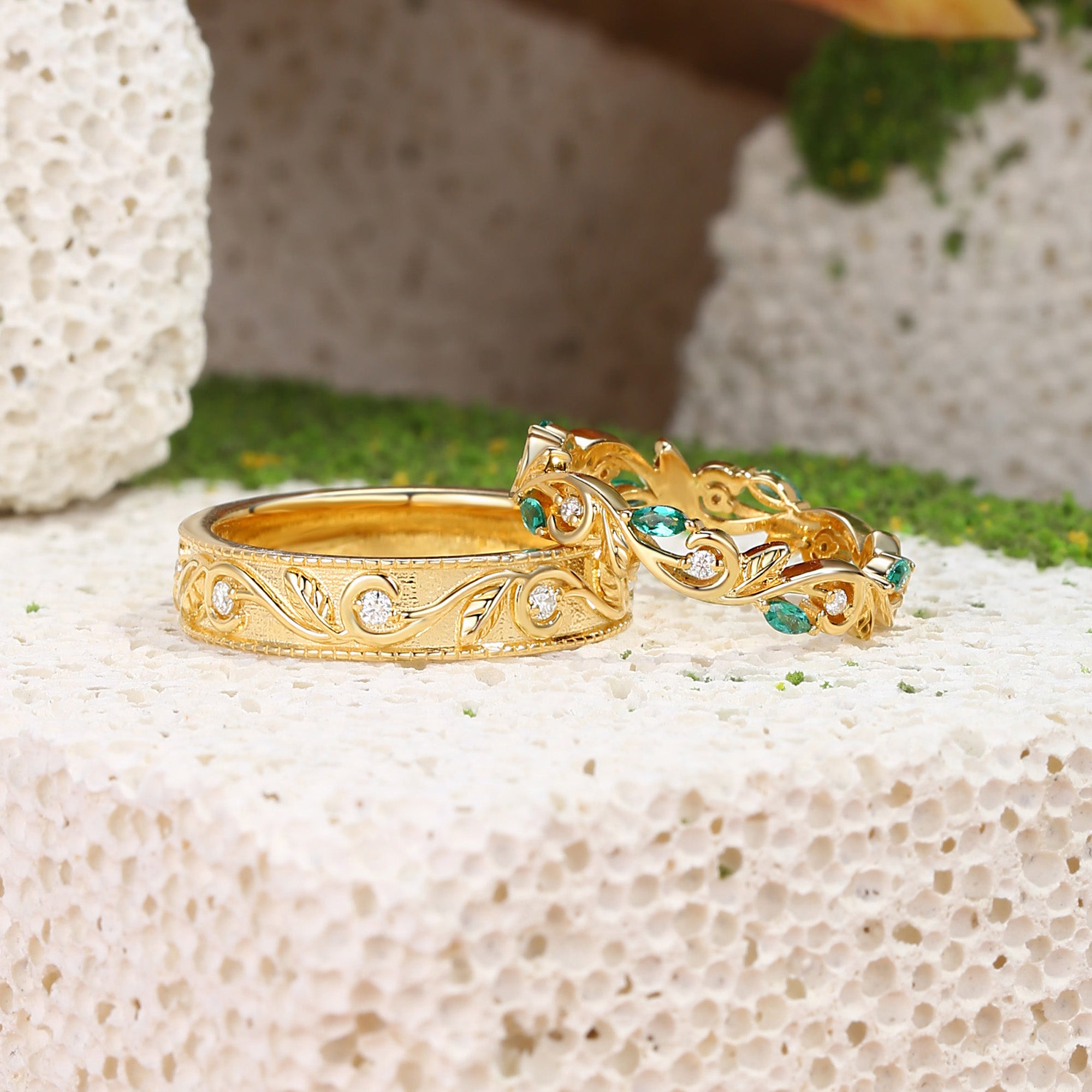 Couple Ring - Moissanite & Emerald Promise Rings Couple Ring Set