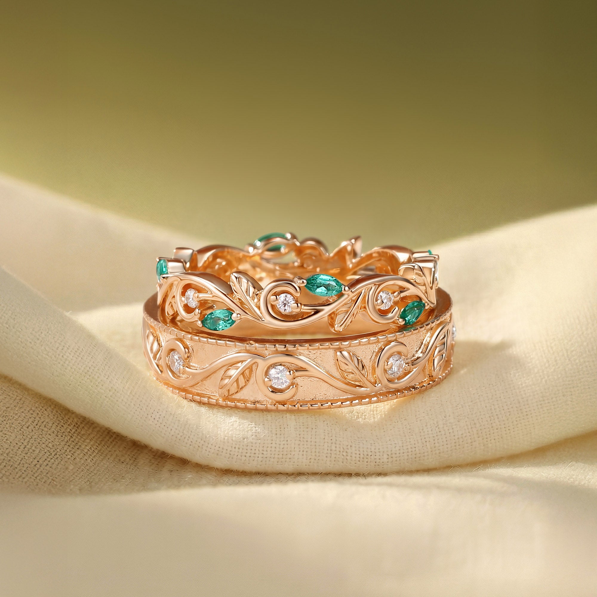 Couple Ring - Moissanite & Emerald Promise Rings Couple Ring Set