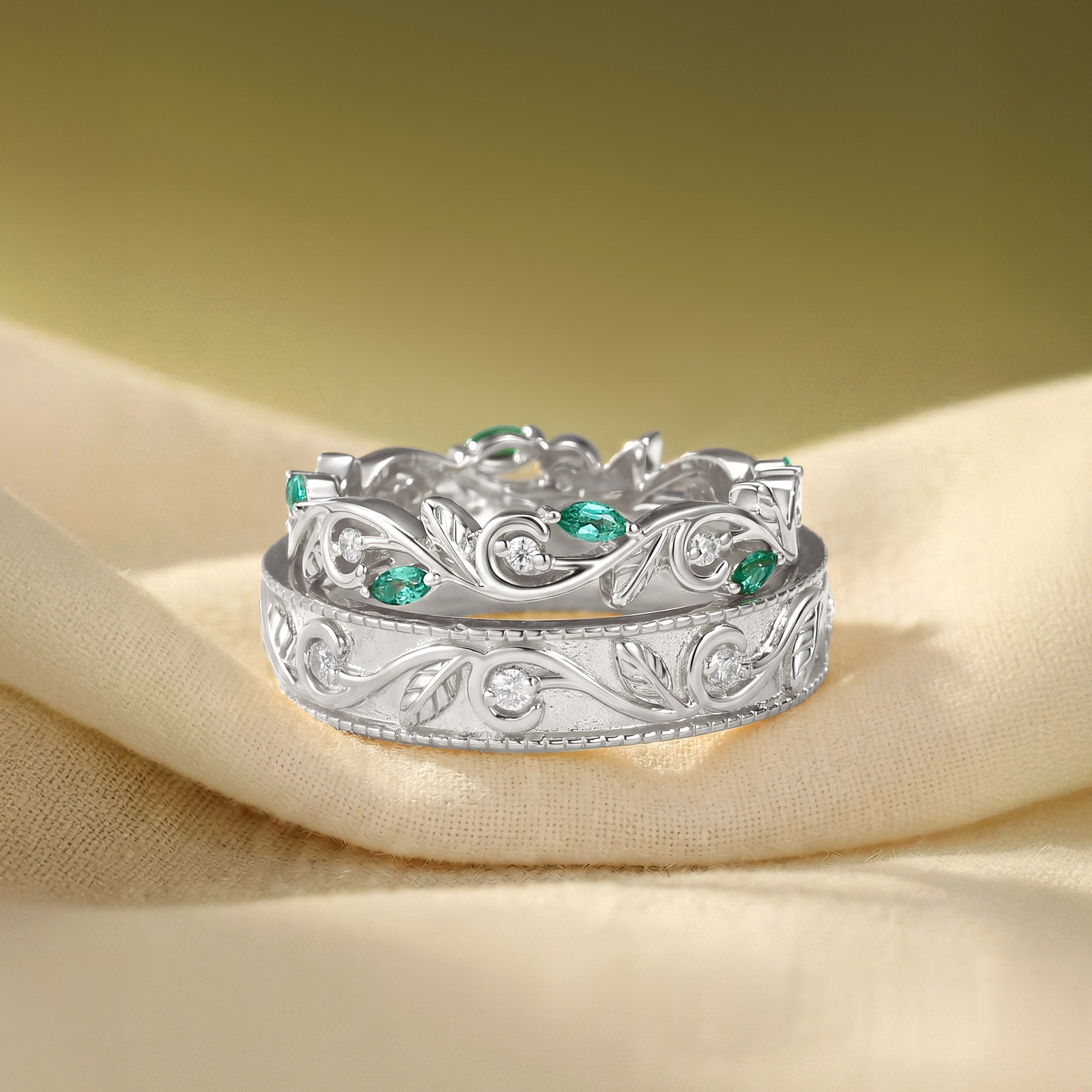 Couple Ring - Moissanite & Emerald Promise Rings Couple Ring Set