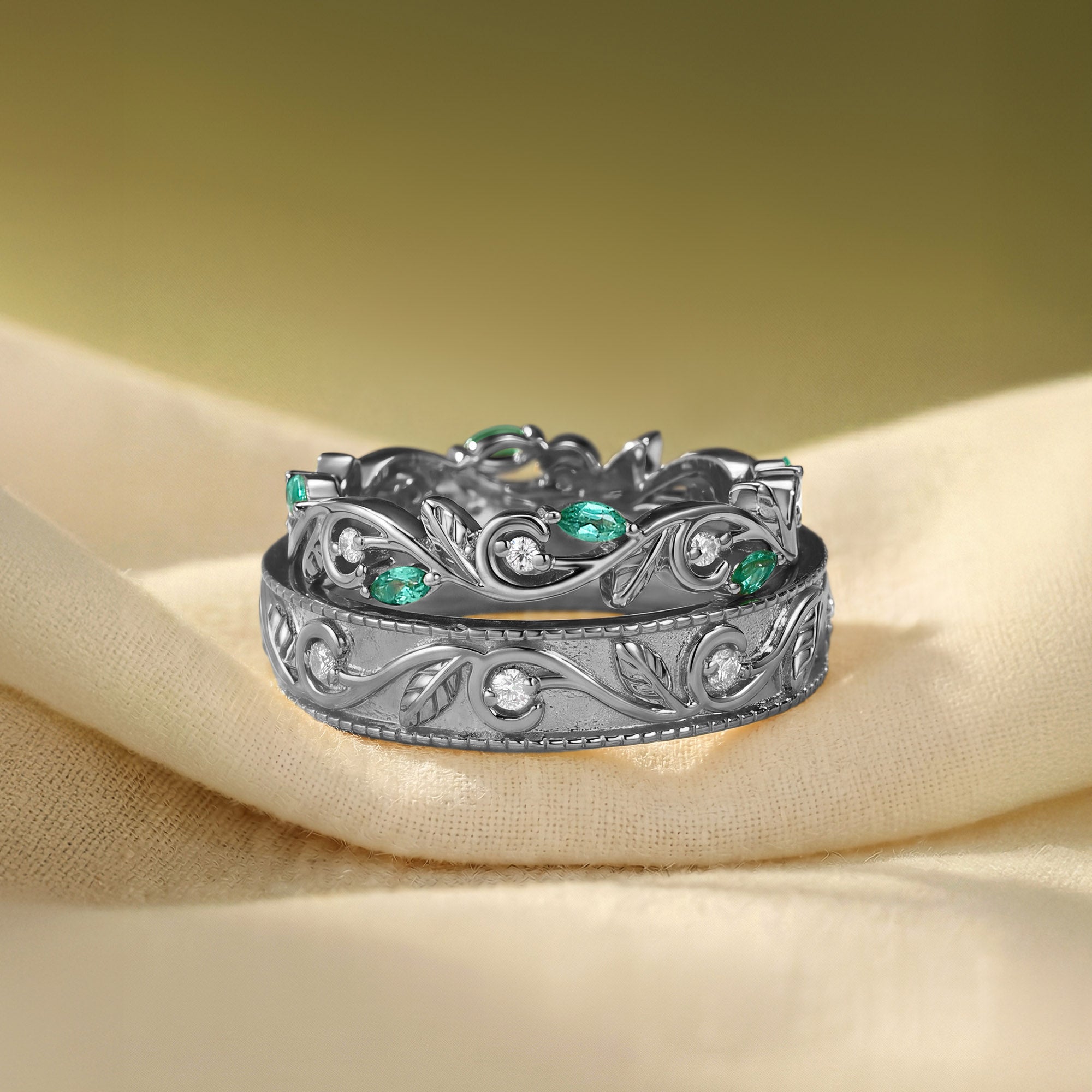 Couple Ring - Moissanite & Emerald Promise Rings Couple Ring Set