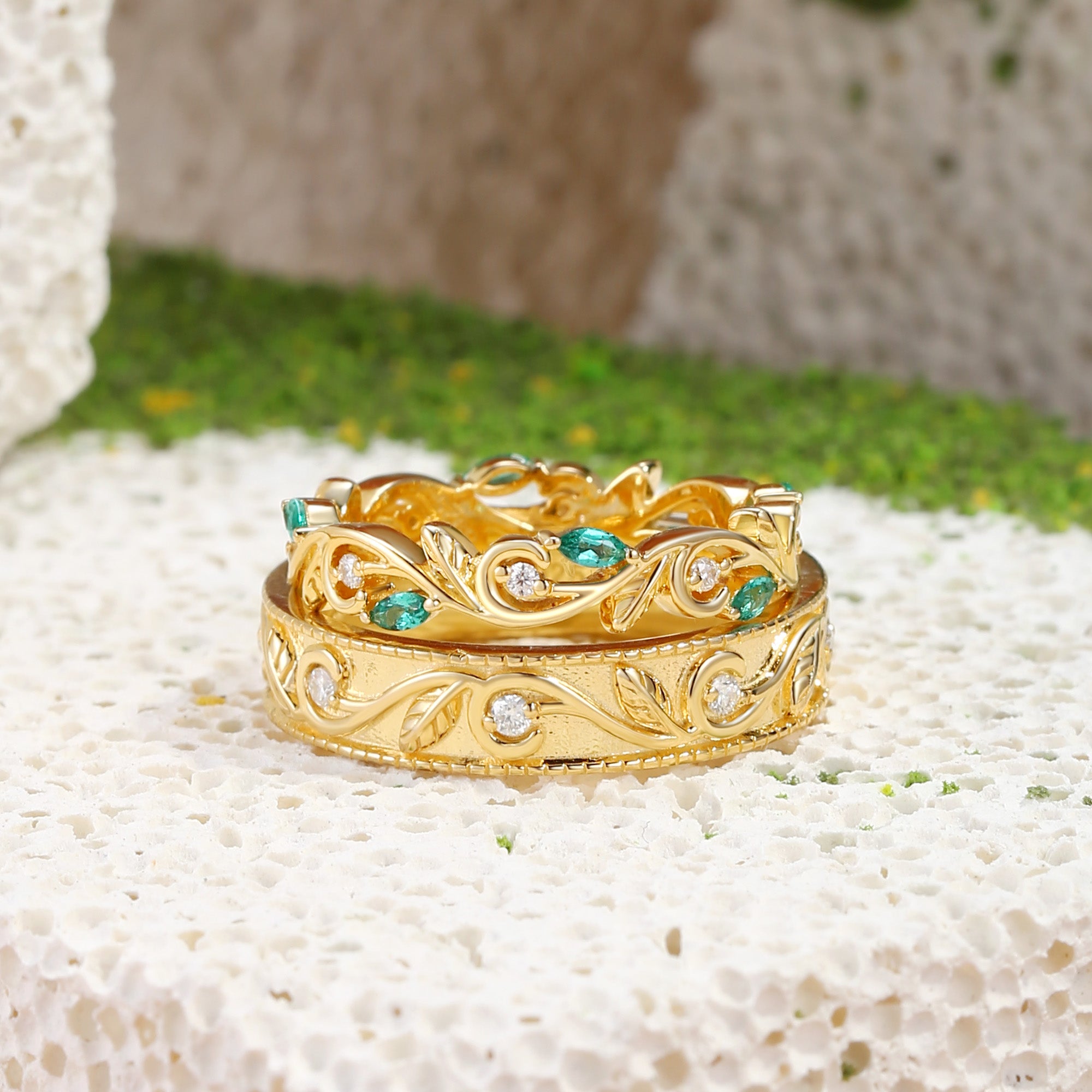 Couple Ring - Moissanite & Emerald Promise Rings Couple Ring Set