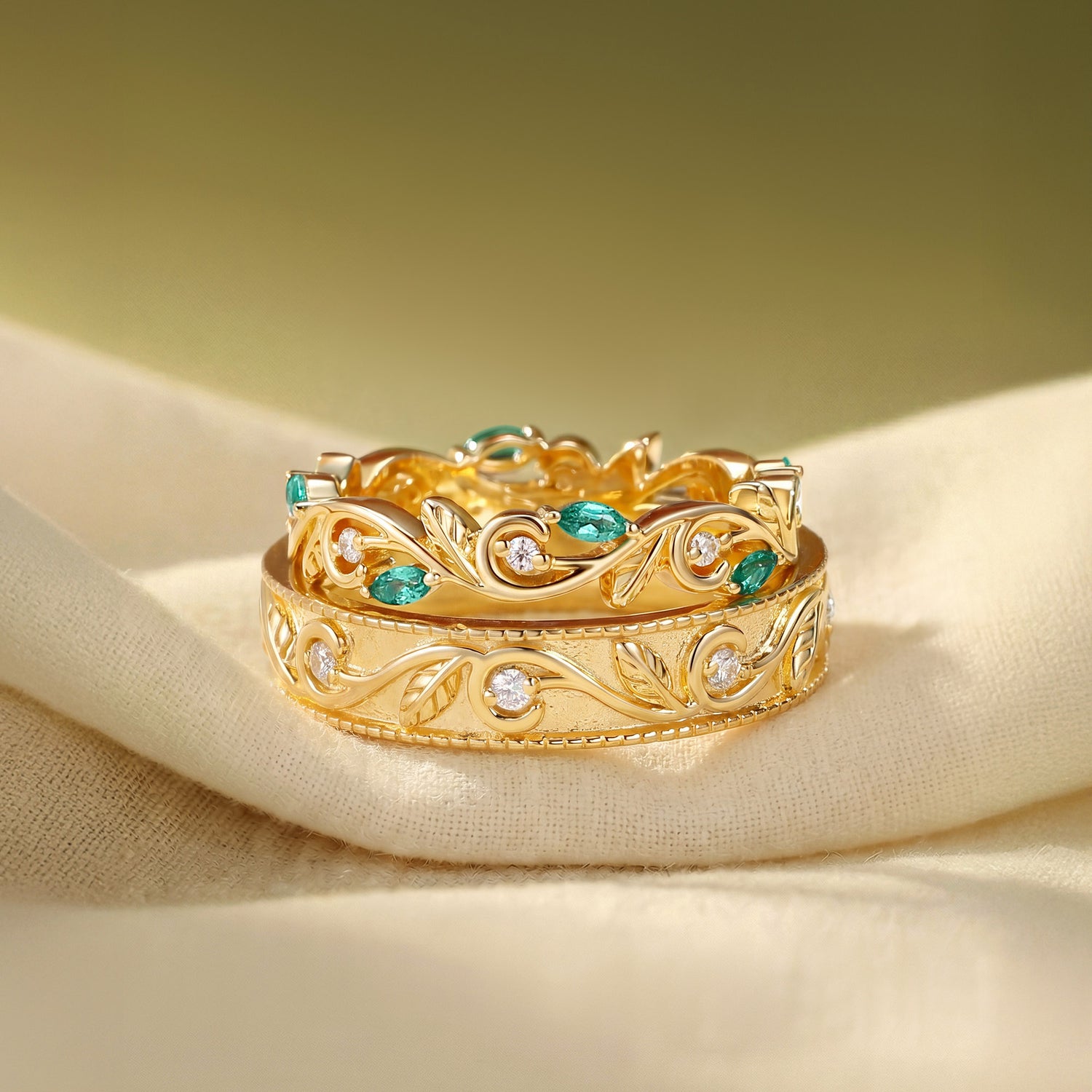 Couple Ring - Moissanite & Emerald Promise Rings Couple Ring Set
