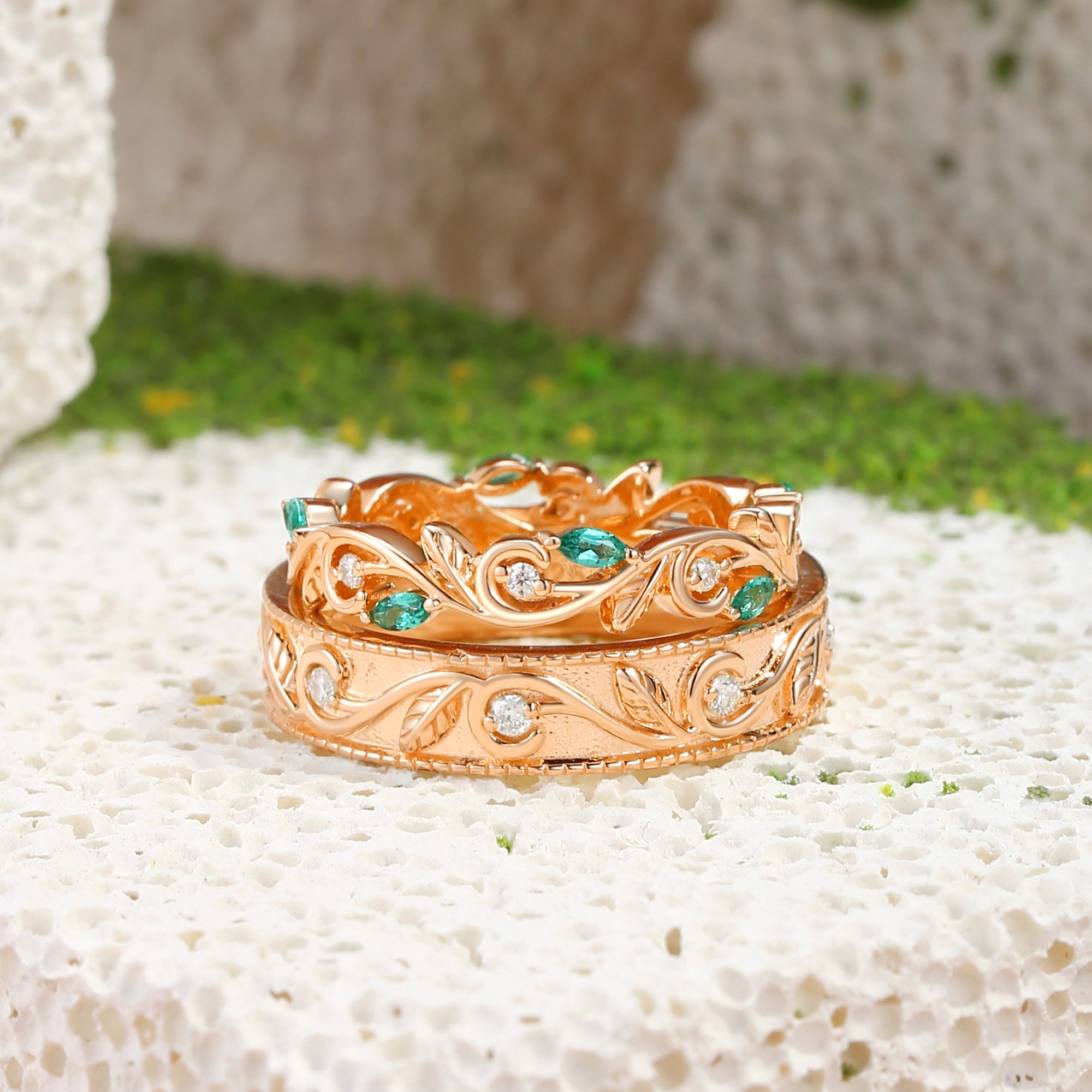 Couple Ring - Moissanite & Emerald Promise Rings Couple Ring Set